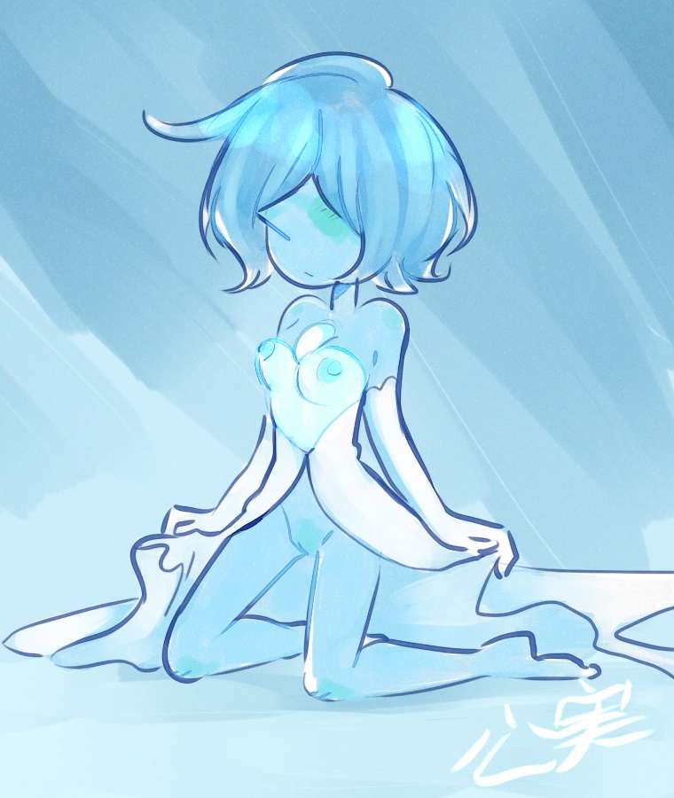 blue pearl (steven universe), blush, cartoon network, gem (species), irukibo, molchuuniya, no panties, simple background, solo, steven universe