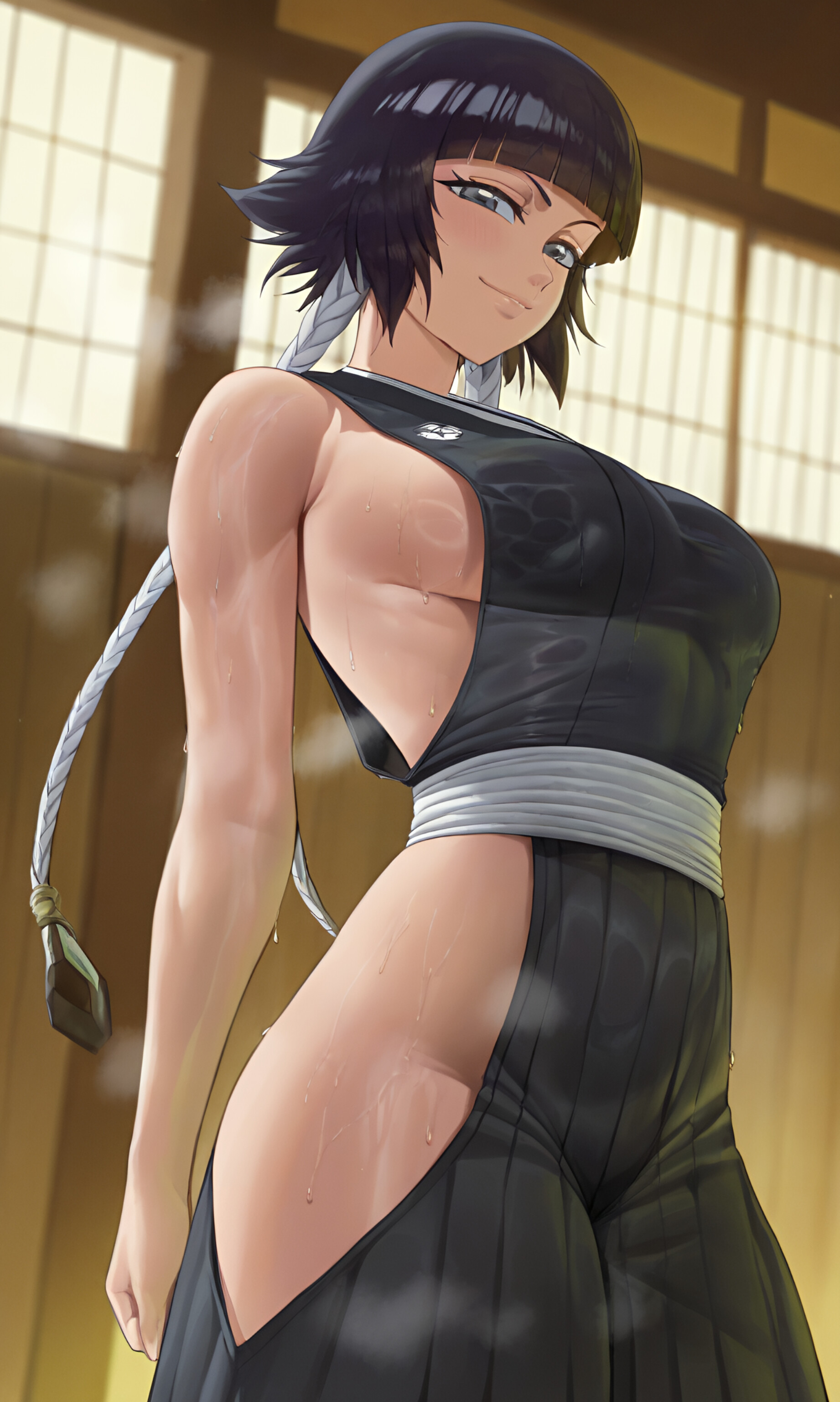 1girls, ai generated, black hair, bleach, lanr0, sideboob, soifon, solo, sui-feng, sweating, tagme