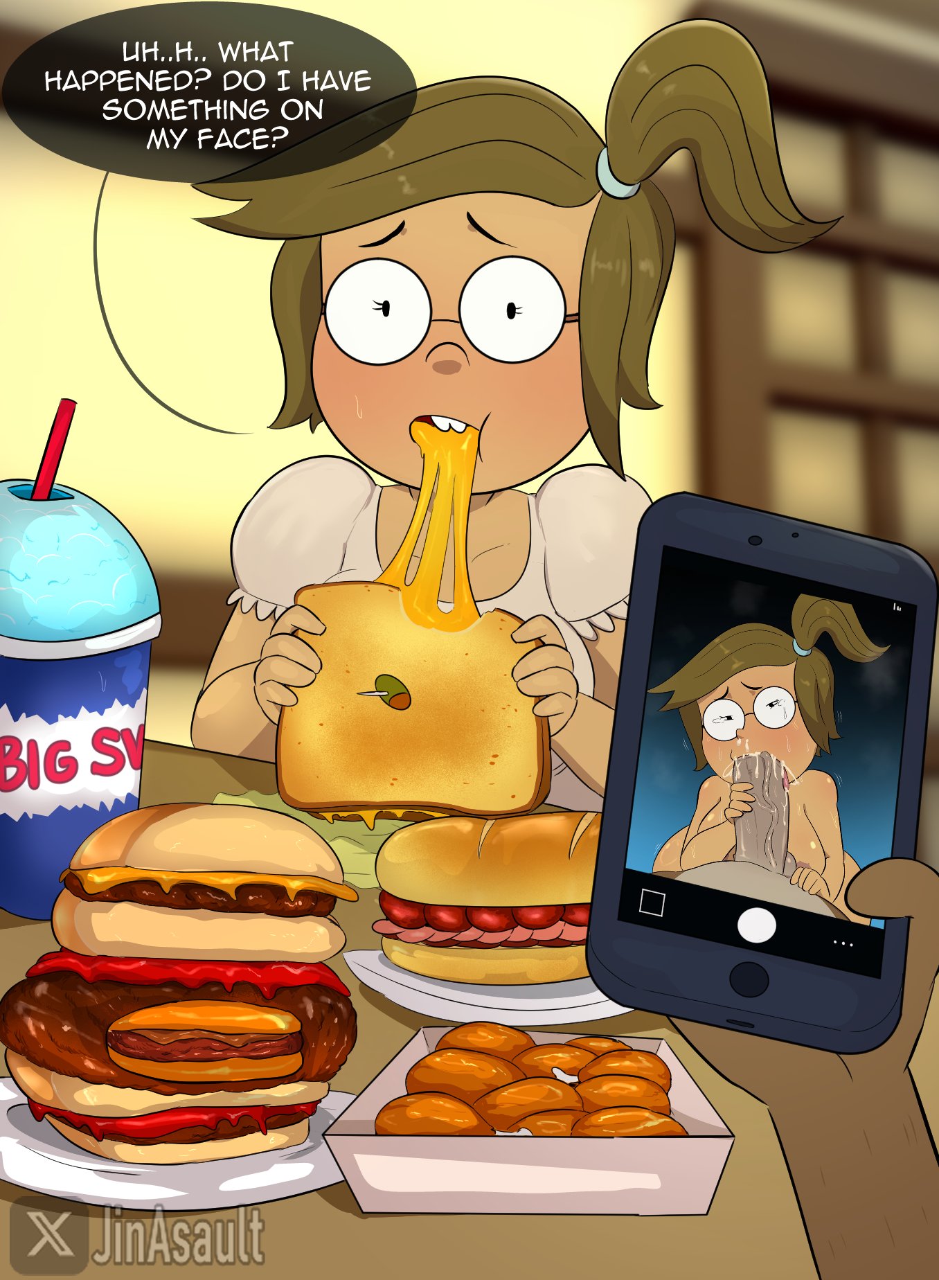 1boy, 1boys, 1girl, 1girls, 2026, blu, brown hair, dialogue, eileen roberts, fellatio, glasses, jinasault, looking at phone, looking at photo, male, oral, phone, pov, regular show, tagme, text