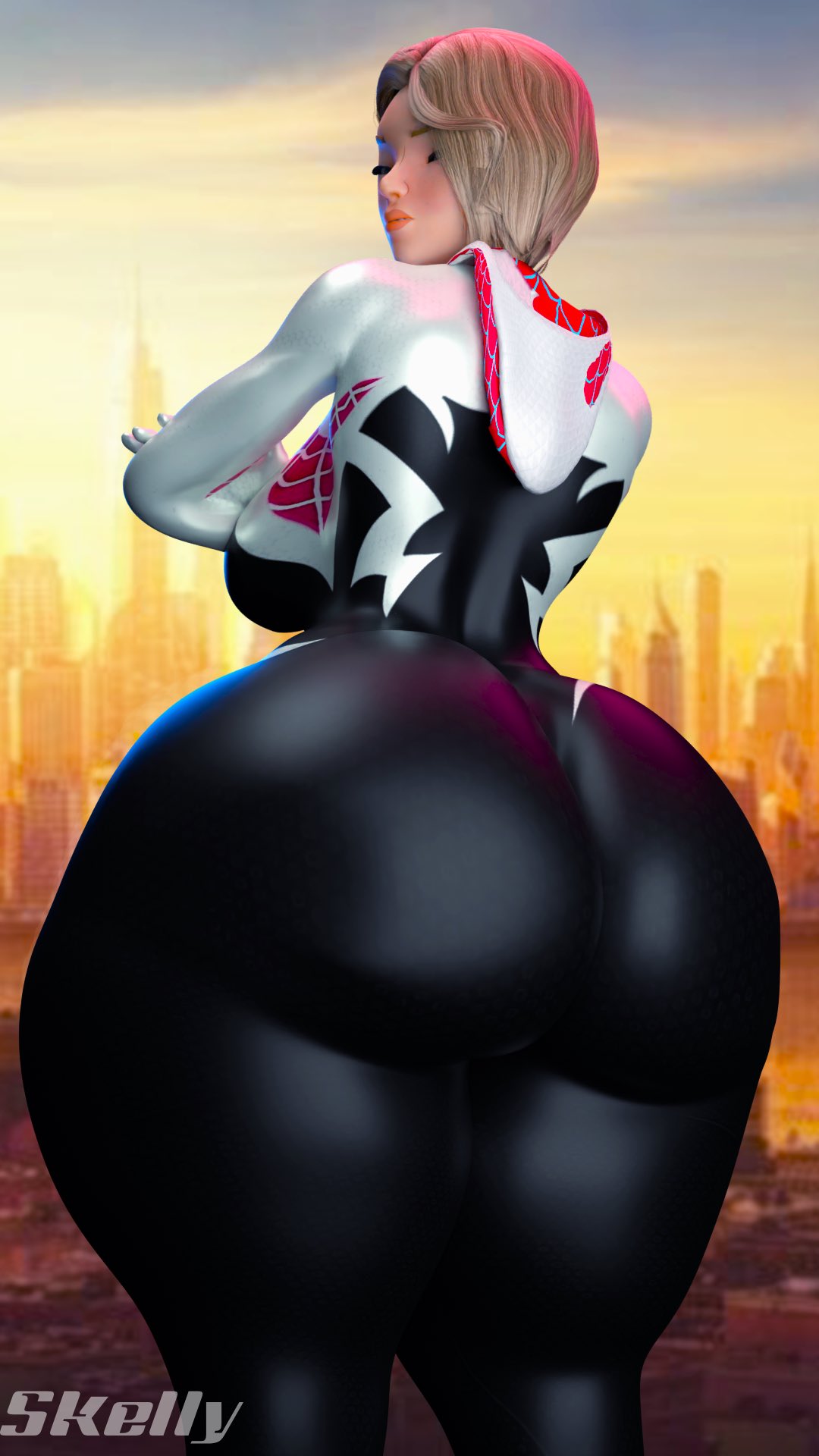 1girls, artist name, ass, ass focus, big ass, big breasts, blonde hair, bodysuit, bottom heavy, breasts, bubble butt, costume, dat ass, eyes closed, female, female only, gwen stacy, gwen stacy (spider-verse), huge ass, icedev, large ass, marvel, pinup, skelly3d, solo, solo female, spider-gwen, spider-gwen (spider-verse), spider-man (series), spider-man: into the spider-verse, superhero, superhero costume, superheroine, thick, thick ass, thick thighs, thighs, voluptuous