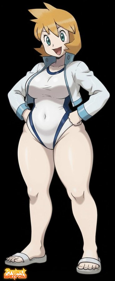 artist logo, curvy, curvy body, curvy female, curvy figure, edited official artwork, female only, misty (pokemon hgss), nintendo, pokemon, pokemon hgss, projectwetroid, redhair, swimwear, white skin
