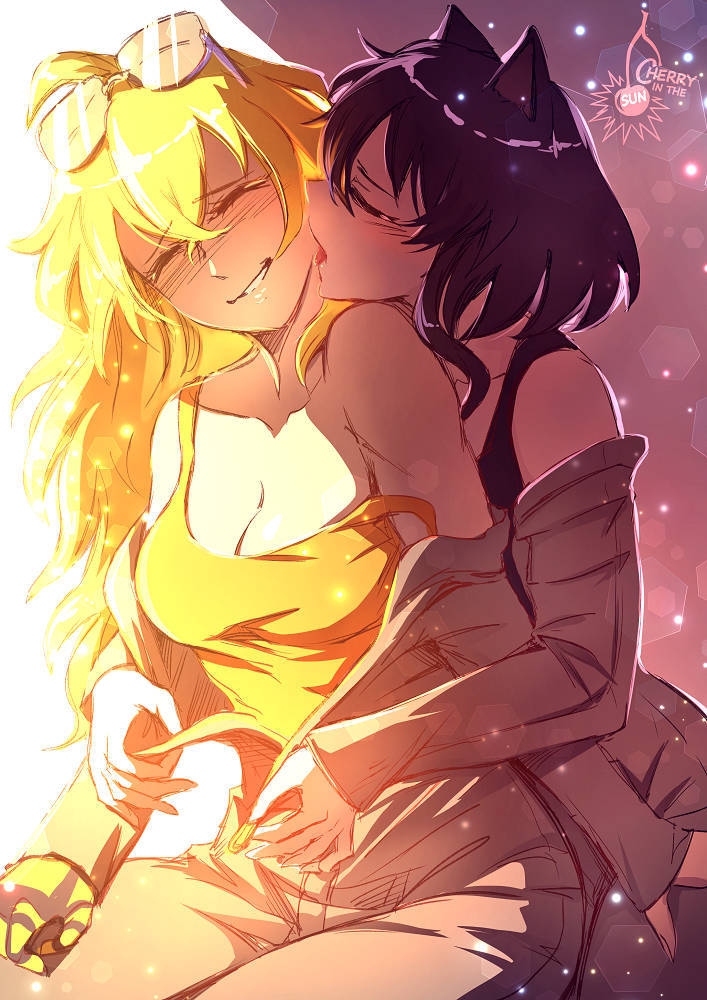 2girls, blake belladonna, blonde female, blonde hair, canon couple, cherryinthesun, cleavage, clothed female, female only, female/female, lesbian couple, lesbian focus, long hair, long hair female, robotic arm, rwby, sunglasses, sunglasses on head, yang xiao long, yuri