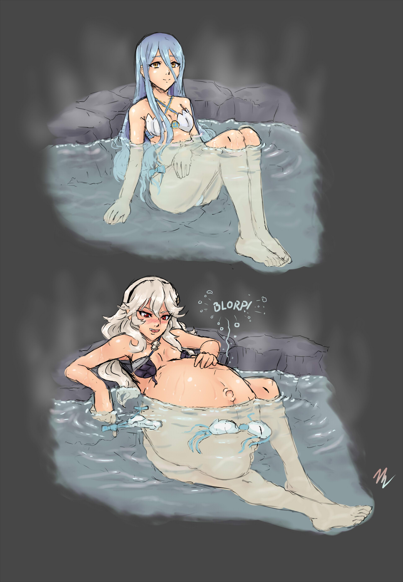 azura (fire emblem), big belly, bulge, corrin (fire emblem), corrin (fire emblem) (female), female, fire emblem, fire emblem fates, hyper, hyper belly, implied vore, nintendo, same size vore, stomach bulge, voraciousmoga, vore, vore belly, white hair