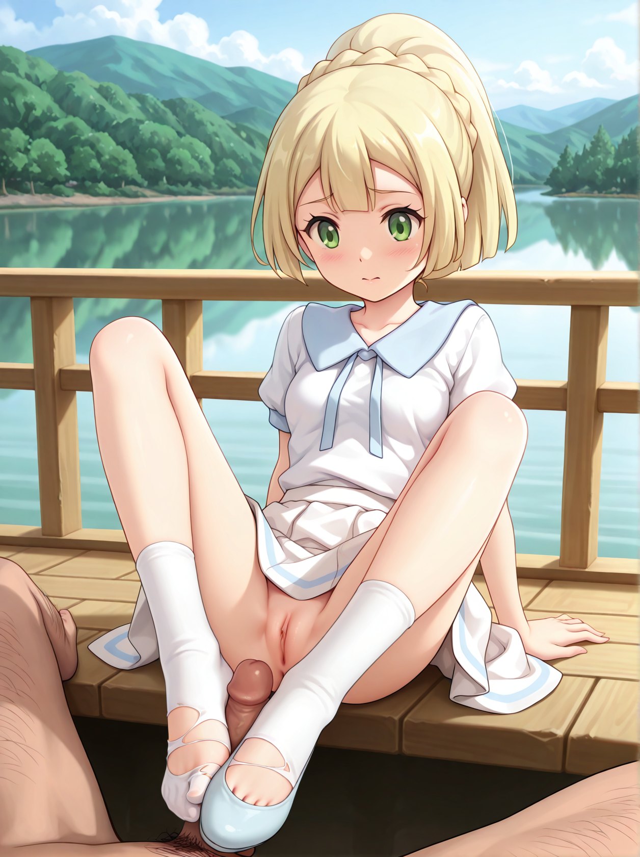 1girls, ai generated, blonde hair, breasts, civitai, civitai lora, exposed, exposed breasts, exposed pussy, female, flats, footjob, green eyes, human female, illustrious (stable diffusion), illustrious xl, lillie (pokemon), long hair, medium breasts, nintendo, nipples, nova anime xl, nude, outdoors, penis, pokegirl, pokemon, pokemon (anime), pokemon character, pokemon protagonist, pokemon trainer, pussy, sdxl, skinny, solo, stable diffusion, sun hat, tagme, torn kneehighs, vgt13, white dress, white kneehighs