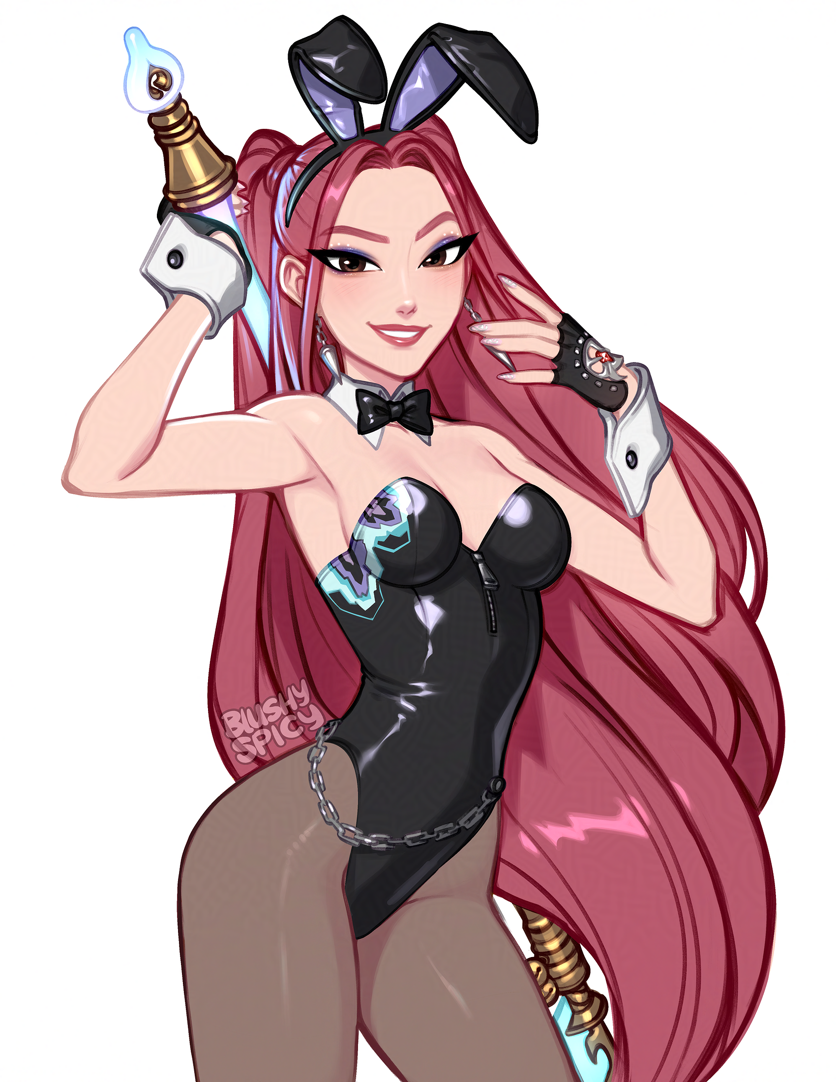 1girl, 1girls, 2026, 2d, alternate costume, asian, asian female, blush, blushypixy, blushyspicy, bowtie, bunny ears, bunnysuit, clothed, earrings, female, female only, fingerless gloves, kpop demon hunters, long hair, mira (kpop demon hunters), pink hair, simple background, smile, sony pictures animation, tagme, white background