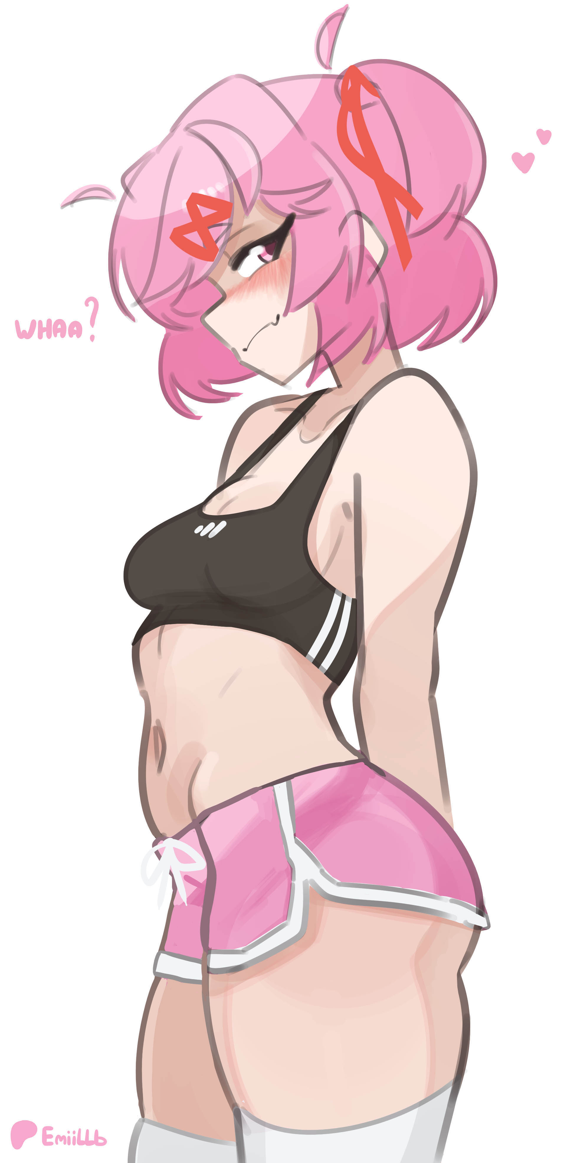?, 1girl, 1girls, 2d, 2d (artwork), 2d artwork, absurd res, absurd resolution, absurdres, bare shoulders, blush, bob cut, commentary, ddlc, doki doki literature club, emiillb, english commentary, english text, female, female only, heart, hi res, high quality, high resolution, highres, jpg, natsuki (doki doki literature club), navel, patreon, petite, pigtails, pink eyes, pink hair, pink shorts, pretty, questionable, serenity forge, short hair, shorts, simple background, smile, smirk, smirking, solo, team salvato, thighhighs, white background, white thighhighs, wholesome, x hair ornament