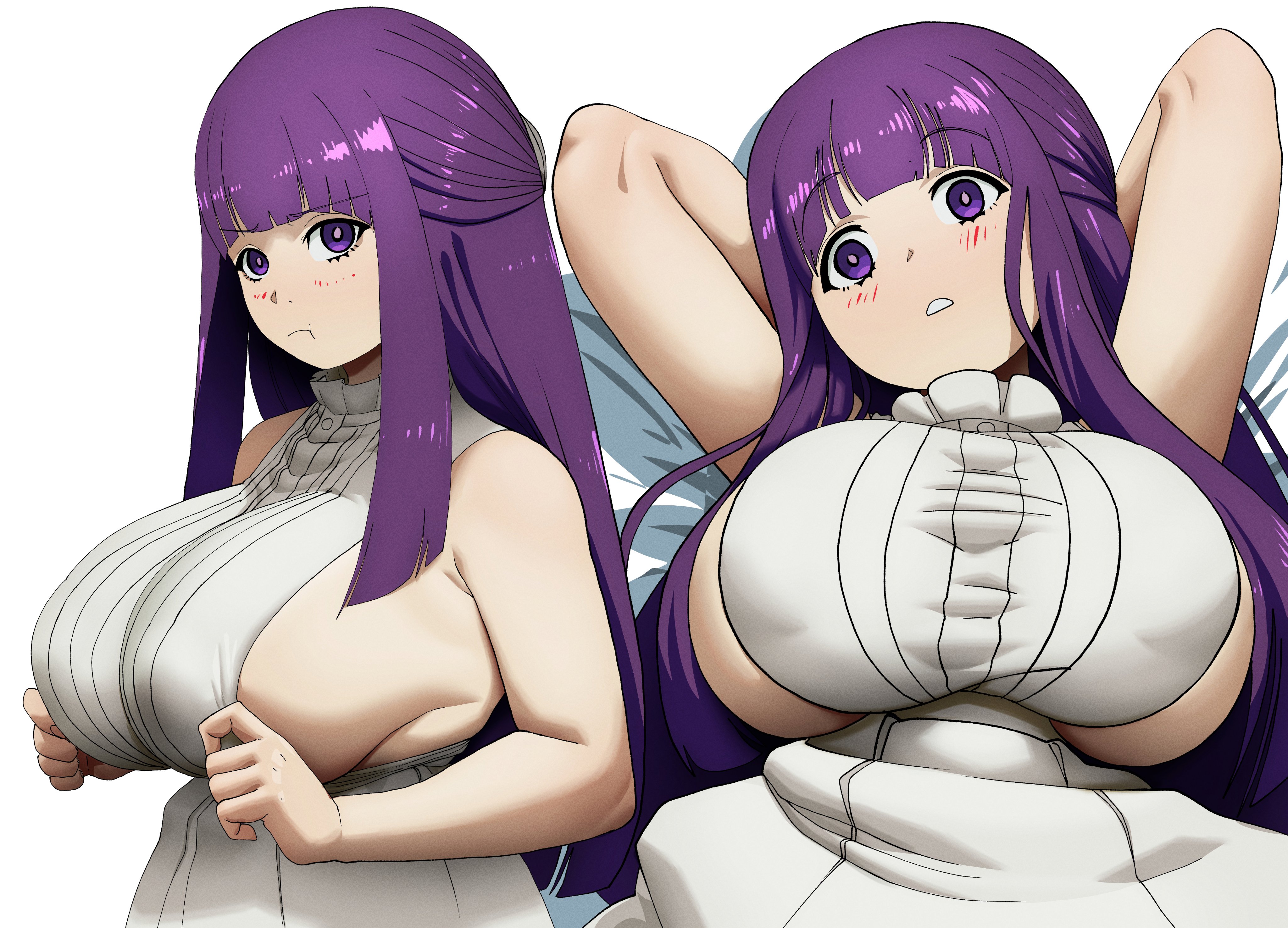 1girls, 2d, armpits, arms behind head, arms up, big breasts, blush, blush lines, braless, breasts, breasts apart, cleavage, coolerinker, dress, female, female only, fern (sousou no frieren), frieren beyond journey's end, grooming, human, inker comics, inkershike, light skin, light-skinned female, multiple poses, nipple bulge, nipples, no bra, no underwear, open sided dress, pulling clothing, pulling own clothes, purple eyes, purple hair, risque, side boob, side cutout, side cutout dress, sideboob, sideboob cutout, skindentation, solo, solo female, sousou no frieren, tag request, tagme, teenage girl, teenager, underboob, young, younger female