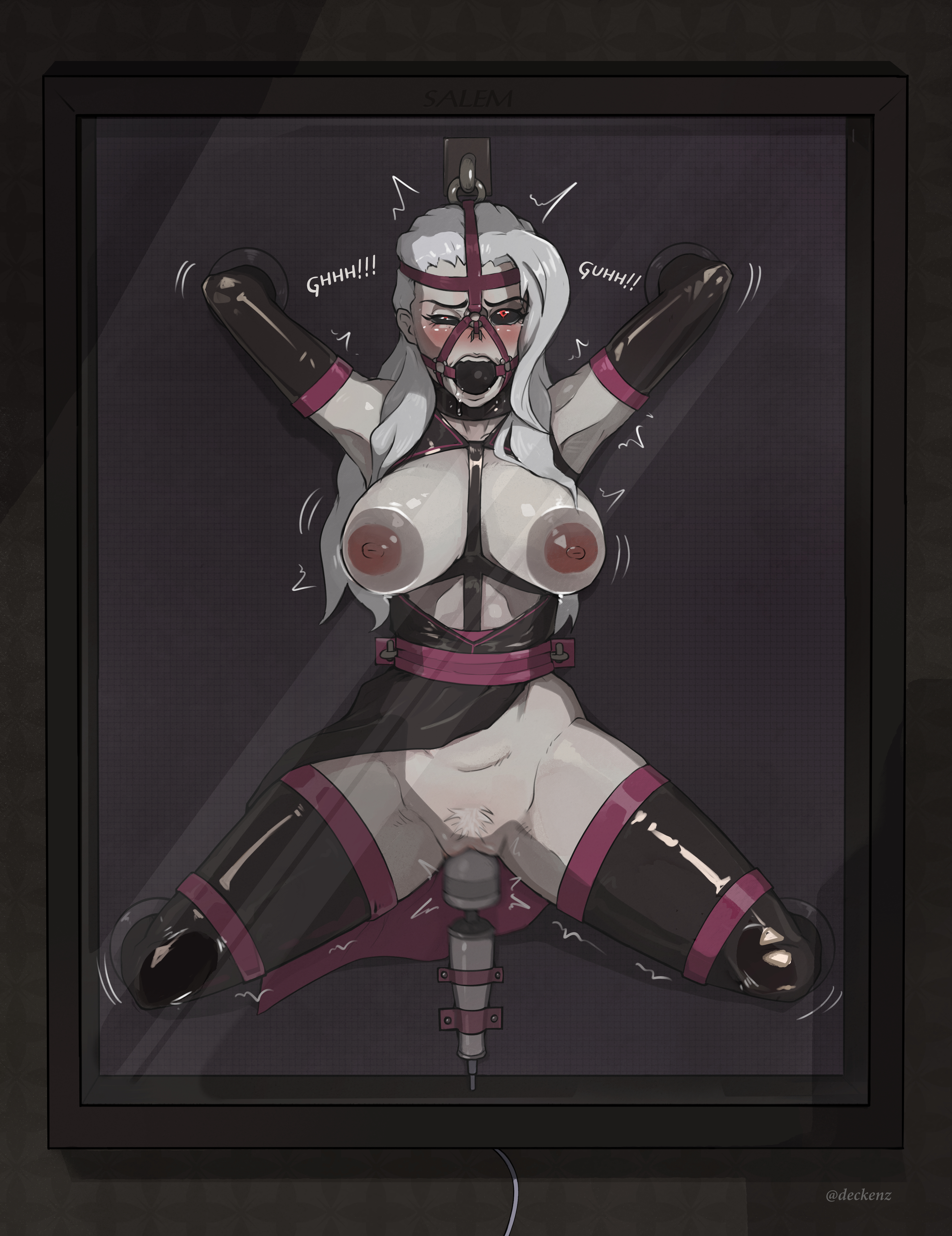 1girls, 2026, alternate costume, ball gag, bdsm, bdsm harness, bondage, deckenz, defeated villainess, drool, exposed breasts, exposed pussy, forniphilia, gag, gagged, harness ball gag, human trophy, humiliation, latex, latex clothing, legs spread, nose hook, pubic hair, rwby, salem (rwby), spread eagle, tagme, tied to wall, vibrator, vibrator on pussy, wand vibrator