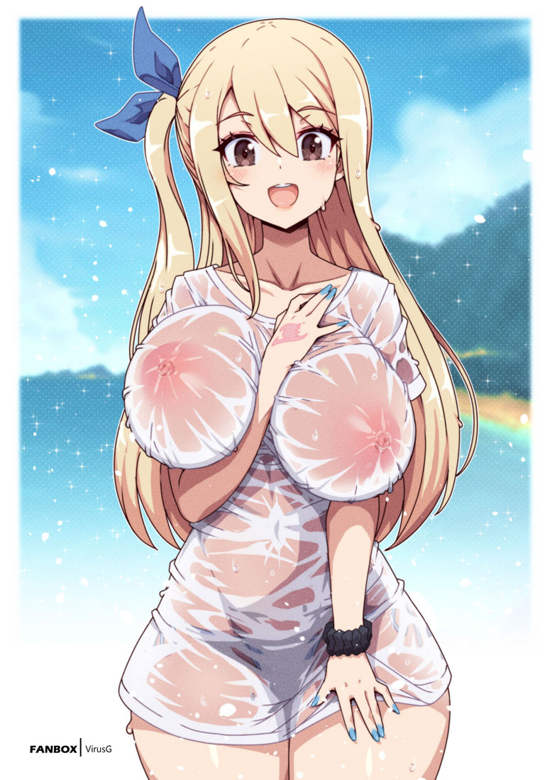 1girls, 2d, 2d (artwork), 2d artwork, areolae, beach, big breasts, blonde female, blonde hair, blonde-haired female, boobs, breasts, fairy tail, huge breasts, large breasts, lucy heartfilia, nipple bulge, nipples, nipples visible through clothing, ocean, see-through, see-through clothes, see-through clothing, thighs, tight clothing, tight shirt, tits, virus-g, wet, wet body, wet clothes, wet clothing, wet shirt, wet skin, wide hips