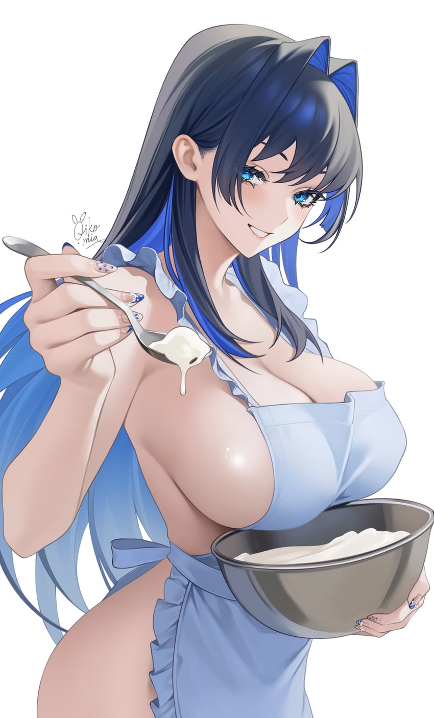 :d, 1girls, absurd res, apron, artist name, black hair, blue eyes, blue hair, bowl, breasts, cleavage, colored inner hair, feeding viewer, frilled apron, frills, grin, hair intakes, highres, holding, holding bowl, holding object, holding spoon, hololive, hololive english, large breasts, long hair, looking at viewer, multicolored hair, naked apron, oikomia, ouro kronii, sideboob, sidelocks, simple background, smile, solo, spoon, virtual youtuber, white apron, white background