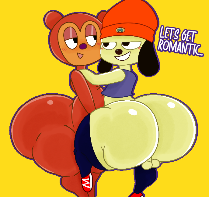 2boys, 2male, 2males, anthro, beanie hat, bear, boys only, bubble butt, canine, clothed male nude male, clothed sex, clothes, dog, face markings, femboy, furu flami, gay, gay sex, girly, horny, hugging, humanoid penis, inminent sex, interspecies, legwear, looking at partner, male, male only, male/male, parappa, parappa the rapper, penis, pj berri, tail, tailwag, teddy bear, thick ass, touching penis