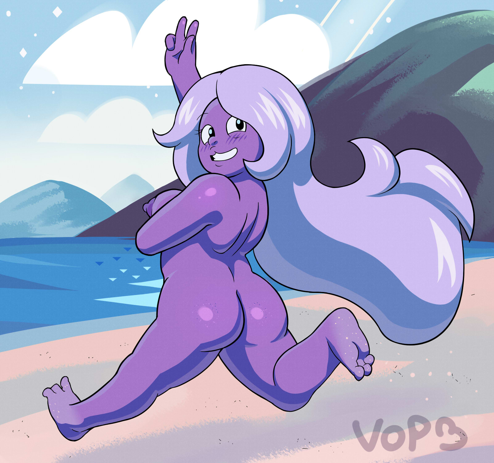 2d, amethyst (steven universe), ass, beach, black eyes, blink3r, blush, breasts, female, gem (species), lavender hair, long hair, looking at viewer, navel, nipples, nude, ocean, outdoors, purple skin, running, sand, smile, smooth skin, solo, steven universe, v, very long hair, water