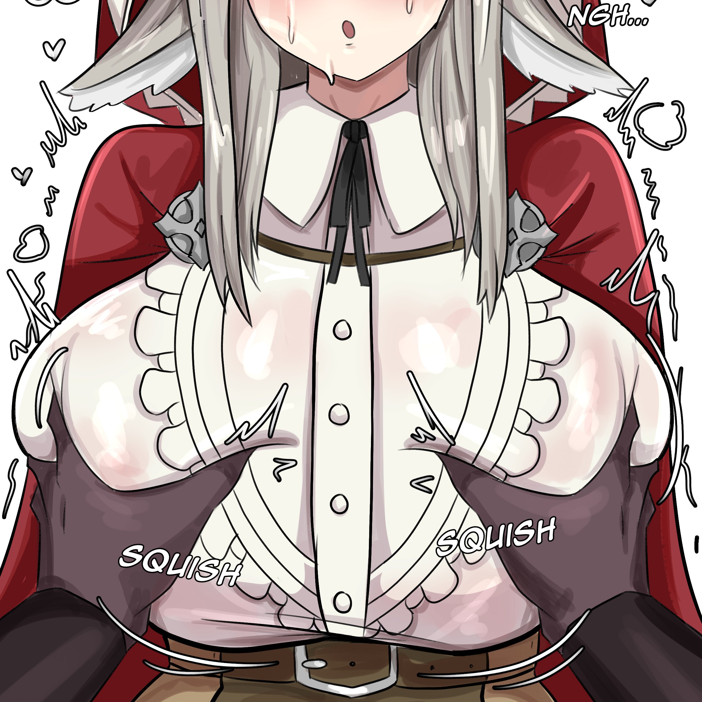 1boy, 1girls, animal ears, breast grab, dark skin, dark-skinned male, double breast grab, fire emblem, fire emblem fates, grayside, grey hair, groping, groping breasts, large breasts, light skin, light-skinned female, nintendo, pov, sweat, sweaty, velouria (fire emblem), wolf ears