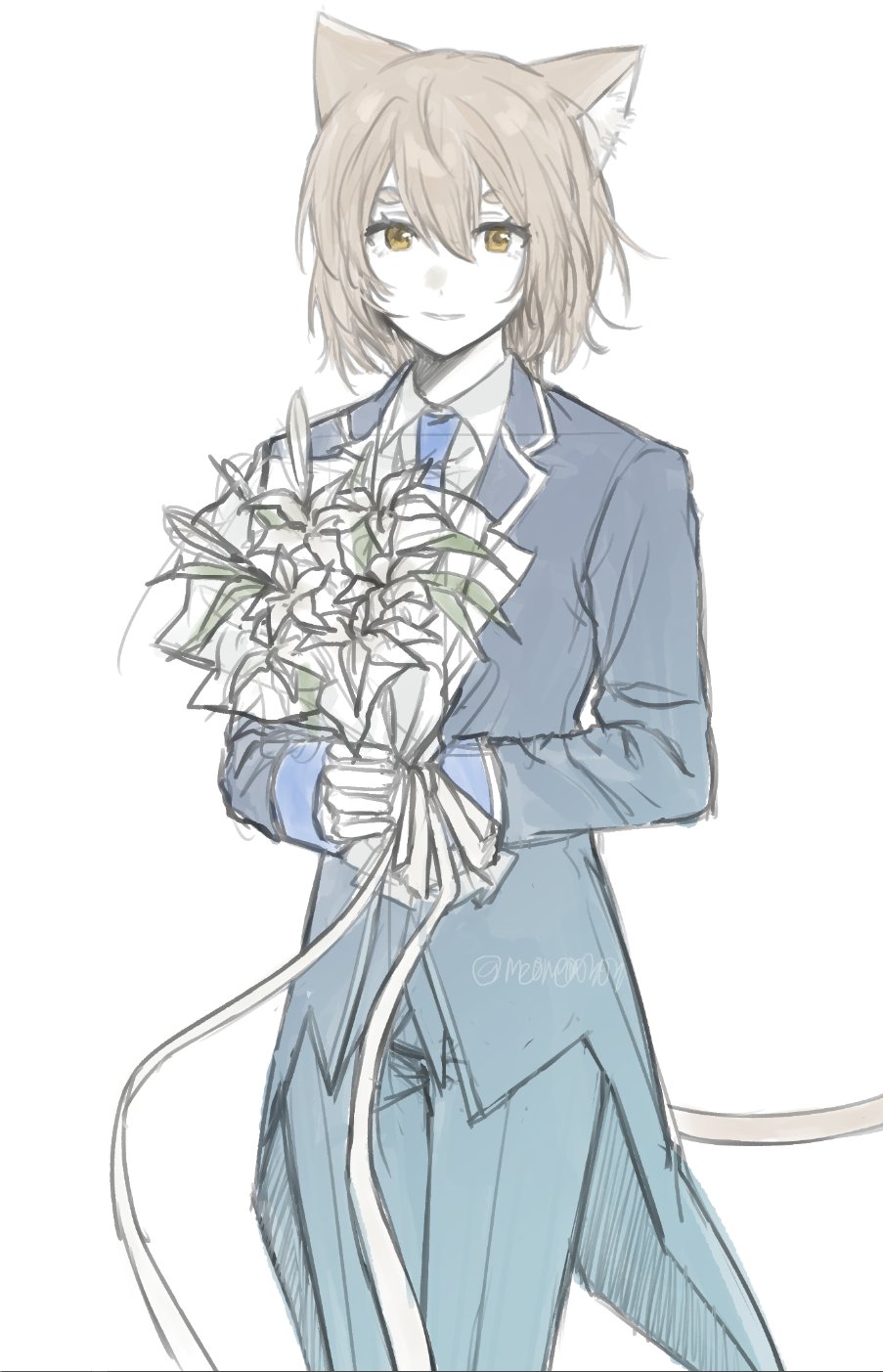 1boy animal_ears blue_necktie blue_pants brown_hair cat_boy cat_ears cat_tail closed_mouth cowboy_shot felix_argyle flower formal_clothes highres holding holding_bouquet long_sleeves looking_at_viewer meomeo0303 necktie orange_eyes pants re:zero_kara_hajimeru_isekai_seikatsu shirt short_hair simple_background solo tail white_background white_shirt