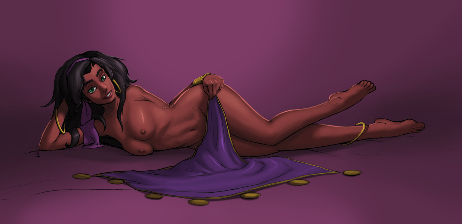 anklet, areolae, barefoot, black hair, bracelet, breast squish, breasts, covering crotch, dark skin, dark-skinned female, disney, earrings, esmeralda, eyelashes, feet, female, female only, full body, green eyes, hairband, highres, hoop earrings, human, jp15comm, long hair, looking at viewer, lying, medium breasts, navel, nipples, on side, smile, solo, the hunchback of notre dame, toes, toned