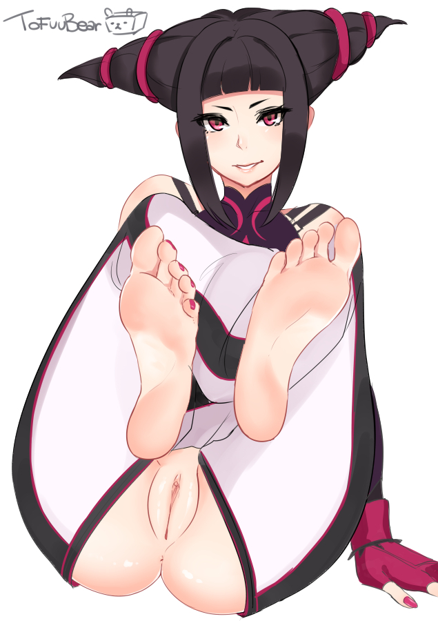 2d anus arm_support artist_name barefoot crotchless_pants feet female female_only foot_focus juri_han leg_hug light-skinned_female light_skin looking_at_viewer nail_polish no_panties painted_nails painted_toenails pale-skinned_female pale_skin pov_feet purple_eyes pussy shaved_pussy simple_background smile soles solo street_fighter street_fighter_iv toenail_polish toes tofuubear watermark