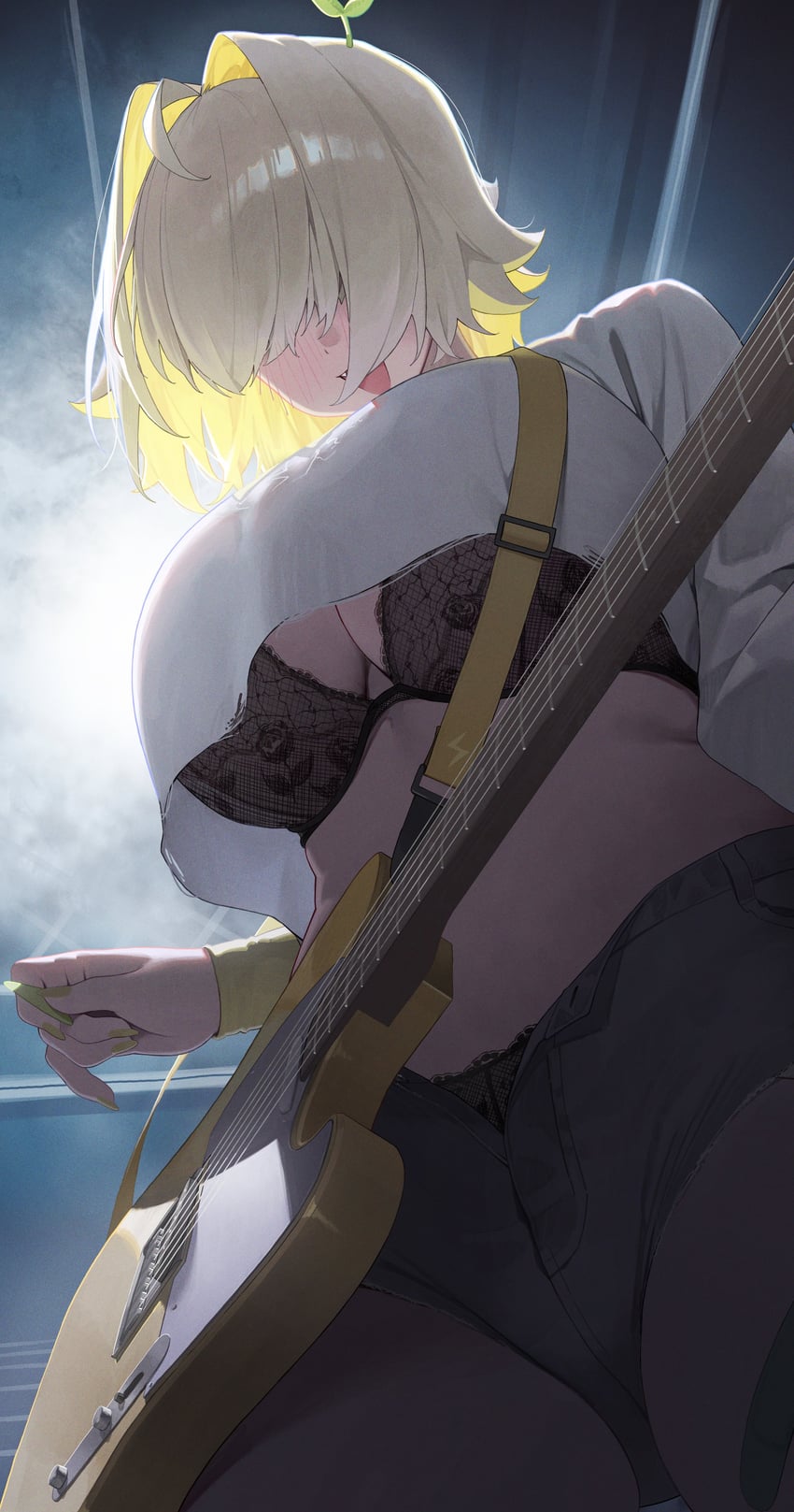 1girls, absurd res, ahoge, below view, black bra, black panties, black shorts, blonde hair, blush, bra, breasts, crop top, elegg (nikke), fang, fingernails, goddess of victory: nikke, green nails, guitar, hair intakes, hair over eyes, highres, holding, holding instrument, holding object, huge breasts, instrument, nikku nana, open mouth, panties, panty peek, plant, plectrum, sfw, shirt, short hair, shorts, smile, solo, solo female, solo focus, thighs, underwear