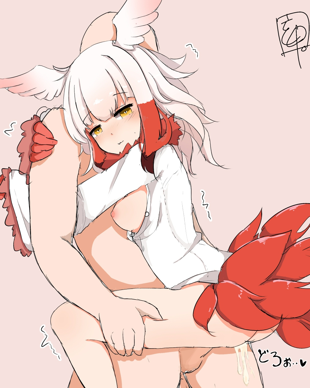 1boy animal_ears blush breasts breasts_out commentary_request cum eyebrows_visible_through_hair female hands_on_another's_thighs highres holding japanese_crested_ibis_(kemono_friends) kemono_friends kokuin long_sleeves looking_at_viewer medium_hair multicolored_hair nipples no_pants nude penis red_hair sex shirt sidelocks signature simple_background small_breasts smile solo_focus tail translation_request trembling upright_straddle white_hair white_shirt wide_sleeves yellow_eyes