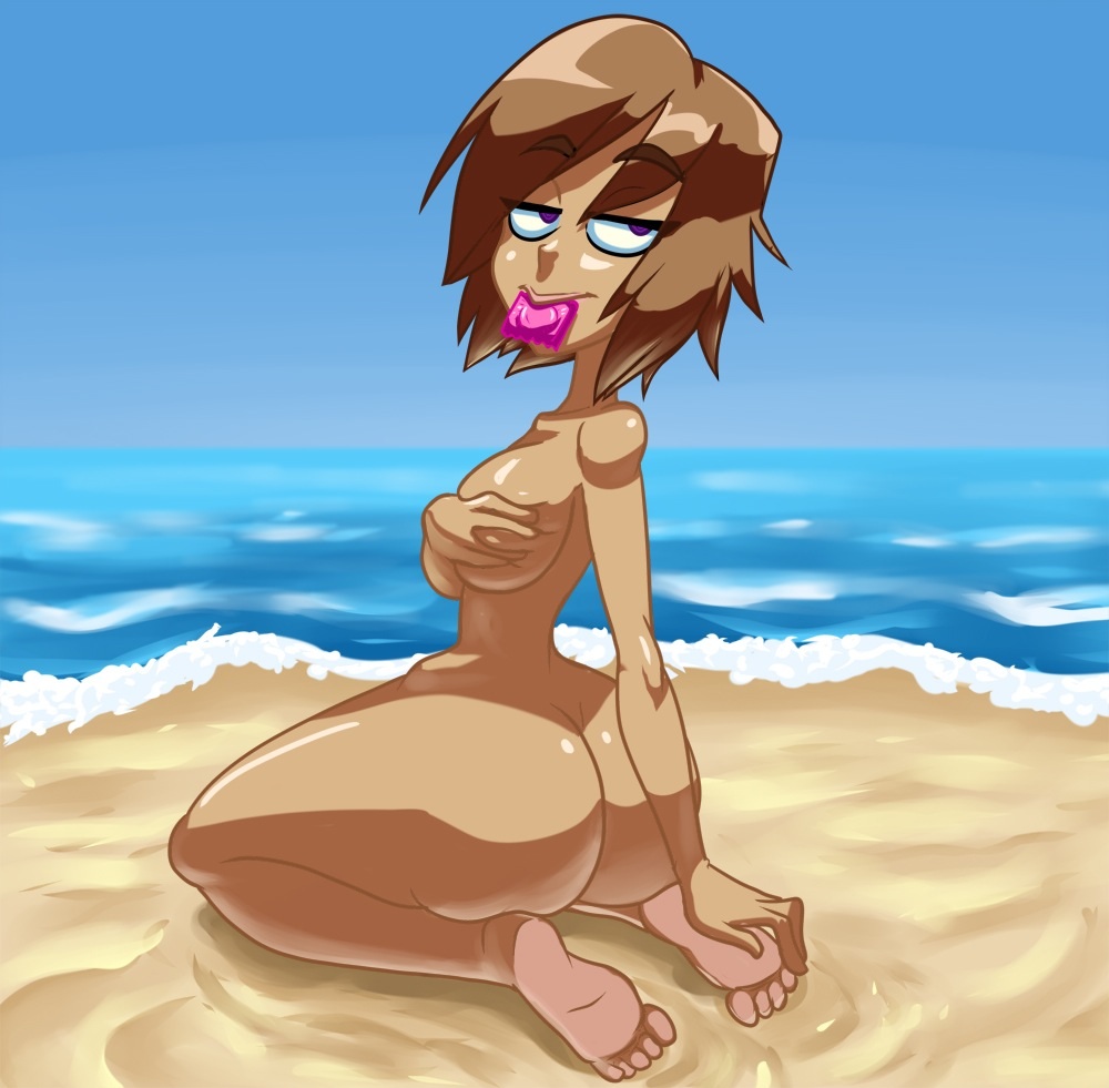 beach brown_hair condom hand_on_breast nevarky solo tan