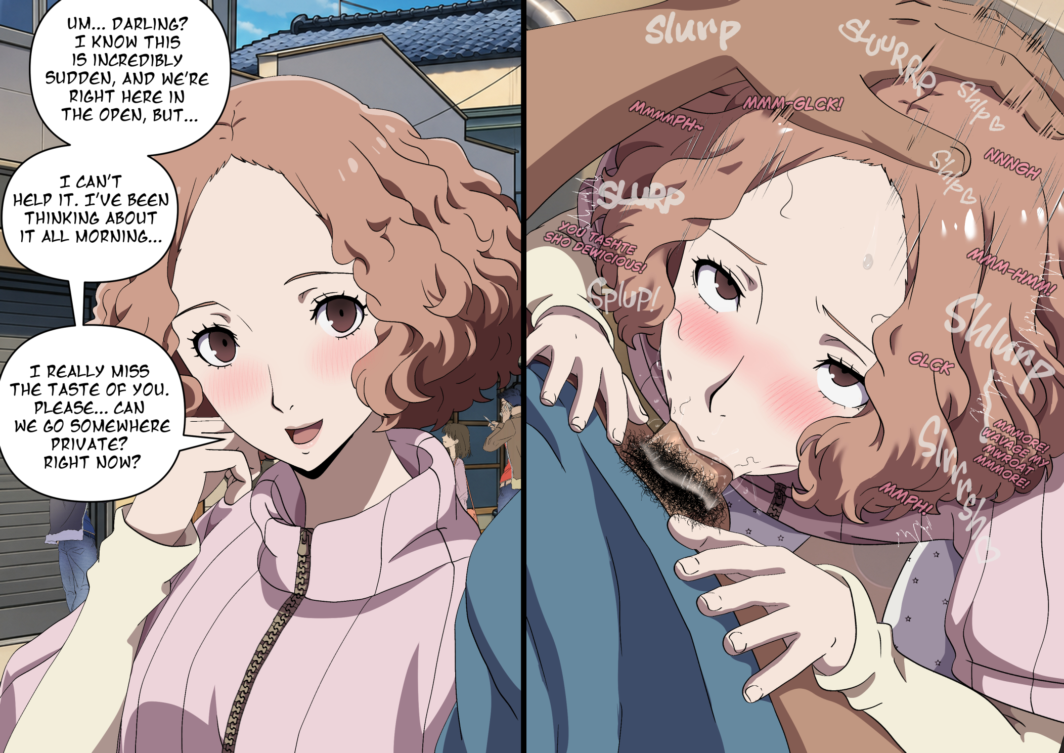 1boy, 1girls, 2026, 2koma, blowjob, blush, brown eyes, brown hair, drool, english text, fellatio, haru okumura, looking at another, looking at viewer, open mouth, oral, oral penetration, persona, persona 5, popblackcherry, short hair, speech bubble, speed lines, sweat, turtleneck, turtleneck sweater