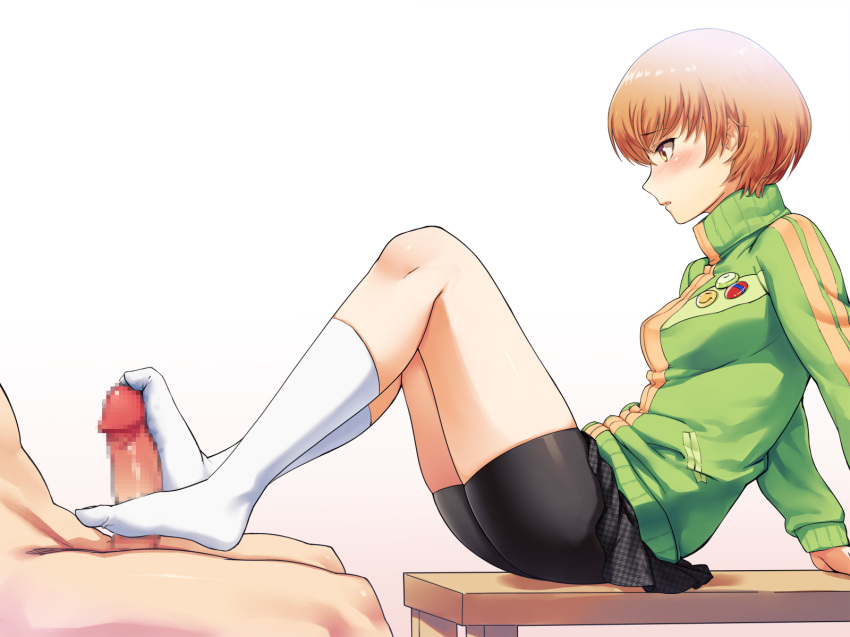 bike shorts, blush, bottomwear, censored, female, footjob, footwear, human, jacket, japanese, male, outerwear, penis, persona, persona 4, satonaka chie, shorts, socks, sportswear, tagme, thighhighs, topwear, track jacket