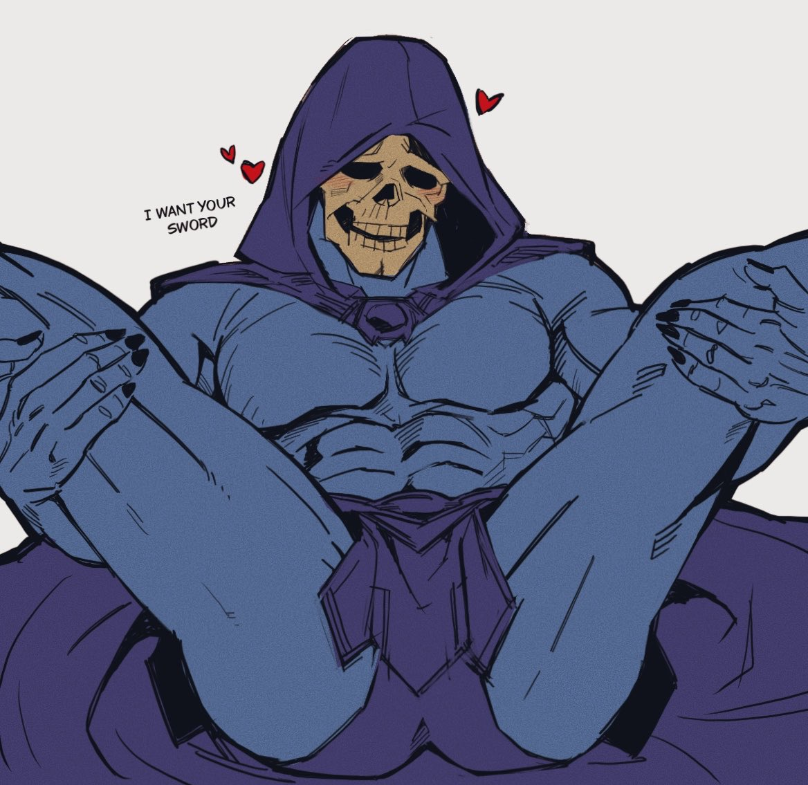 1boy, blue body, blue skin, blush, blushing, bonjourdraws, butt, dialogue, english text, gay, inviting, inviting to sex, looking at viewer, male, male only, masters of the universe, muscular, muscular male, partially clothed, skeletor, skull head, solo, solo focus, spread legs, text