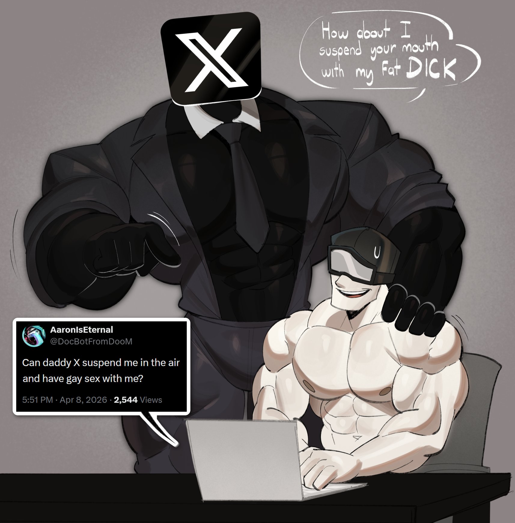 2boys, app logo, apphuman, bara, big muscles, docbotfromdoom, dymitr3, dymitr3 error, gay, goggles, goggles on face, goggles on head, goggles only, humanized, imminent fellatio, imminent gay sex, imminent oral, imminent sex, male only, male/male, muscular, muscular male, newgrounds, oc, original character, square head, suit, suit and tie, suit jacket, tankman, tankman (newgrounds), tankman oc, tankmen, twitter, twitter logo, twitter x logo, unusual head, wearing goggles, x, x (social media), x logo