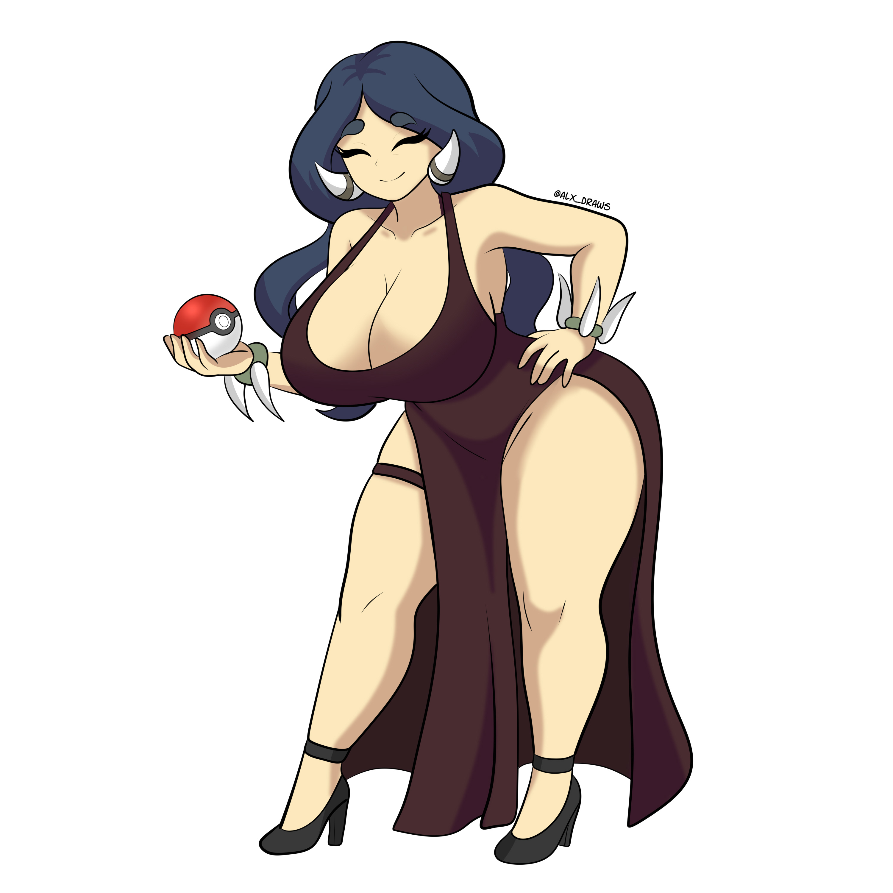 alxdraws, cleavage, drasna (pokemon), gigantic breasts, high heels, huge breasts, long hair, pokeball, tagme, thick thighs