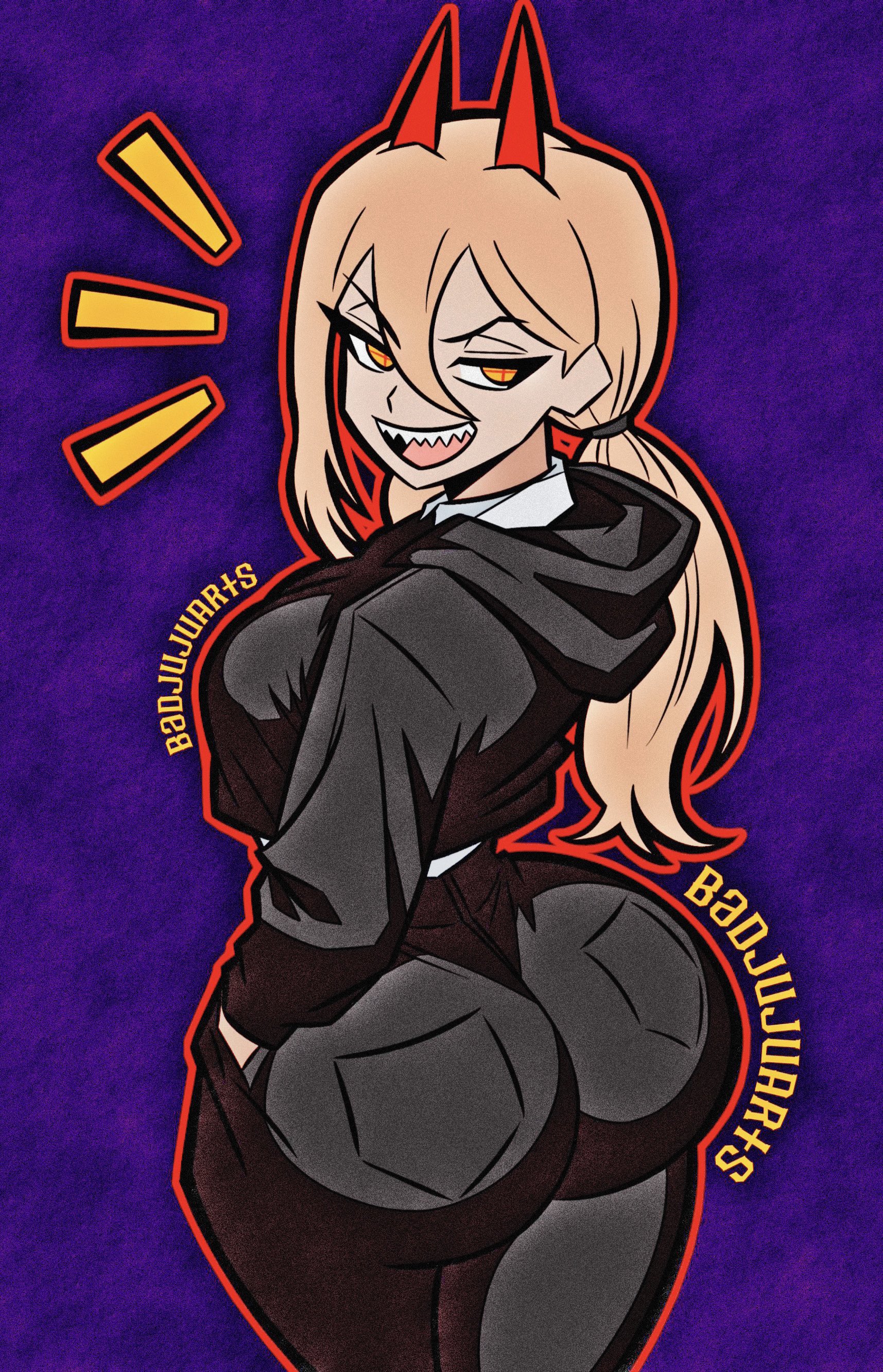 1girl, 1girls, alternate version available, ass, ass focus, badjujuarts, big ass, big boobs, big breasts, big butt, big thighs, black legwear, breasts, bubble butt, chainsaw man, dat ass, female, female focus, female only, hands in pockets, hourglass figure, jeans, looking back, power (chainsaw man), presenting hindquarters, seductive smile, slim waist, solo, solo focus, thicc