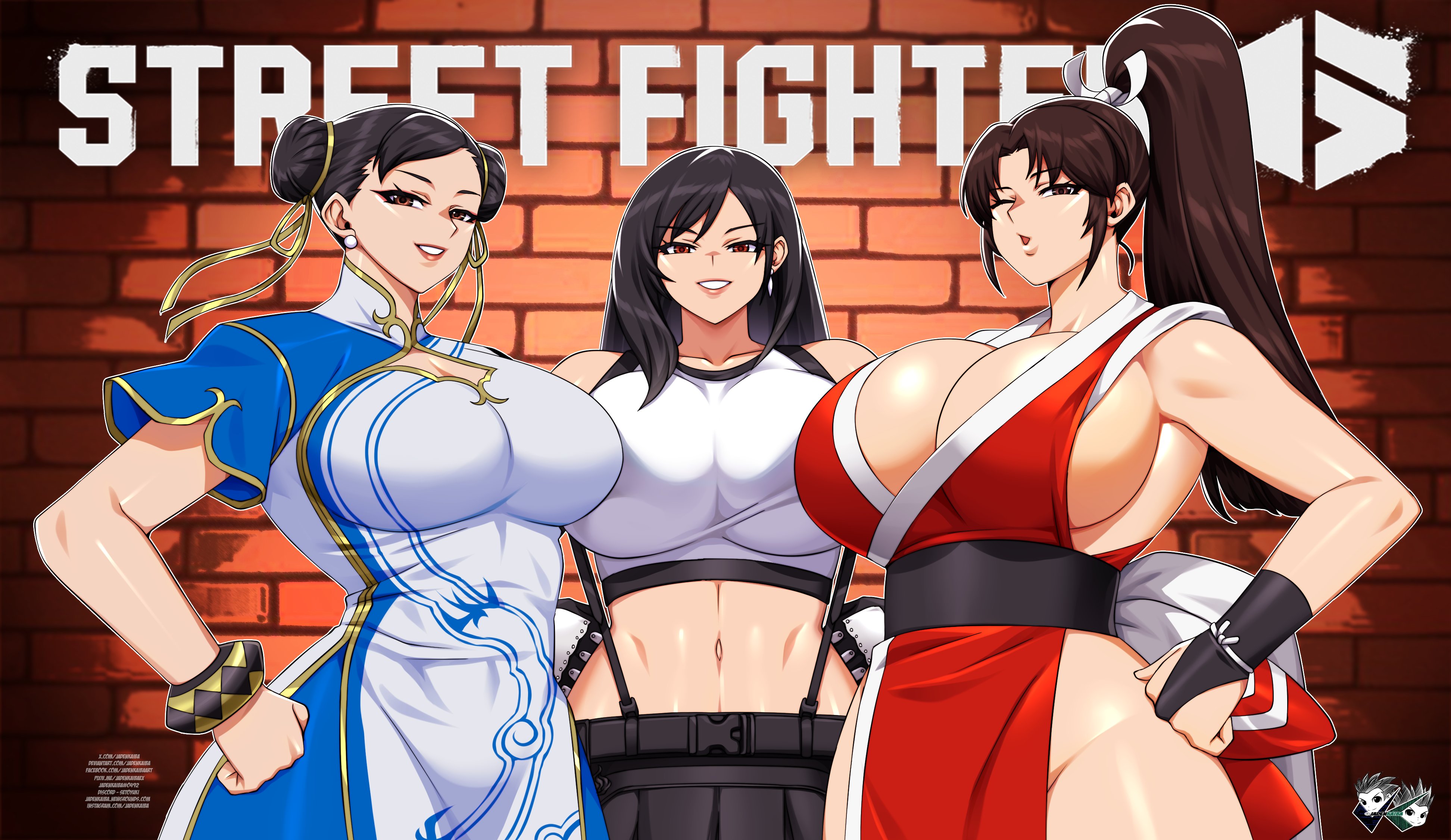 3girls, absurd res, big breasts, black hair, capcom, chun-li, chun-li (street fighter 6), cleavage, clothing, crossover, fatal fury, female, female only, final fantasy, final fantasy vii, grin, grinning at viewer, hair buns, hands on hips, high ponytail, huge breasts, jadenkaiba, king of fighters, long hair, looking at viewer, mai shiranui, mai shiranui (street fighter 6), ponytail, sideboob, smiling, smiling at viewer, snk, square enix, street fighter, street fighter 6, tifa lockhart, twin buns, very high resolution, wide hips, wink, winking at viewer