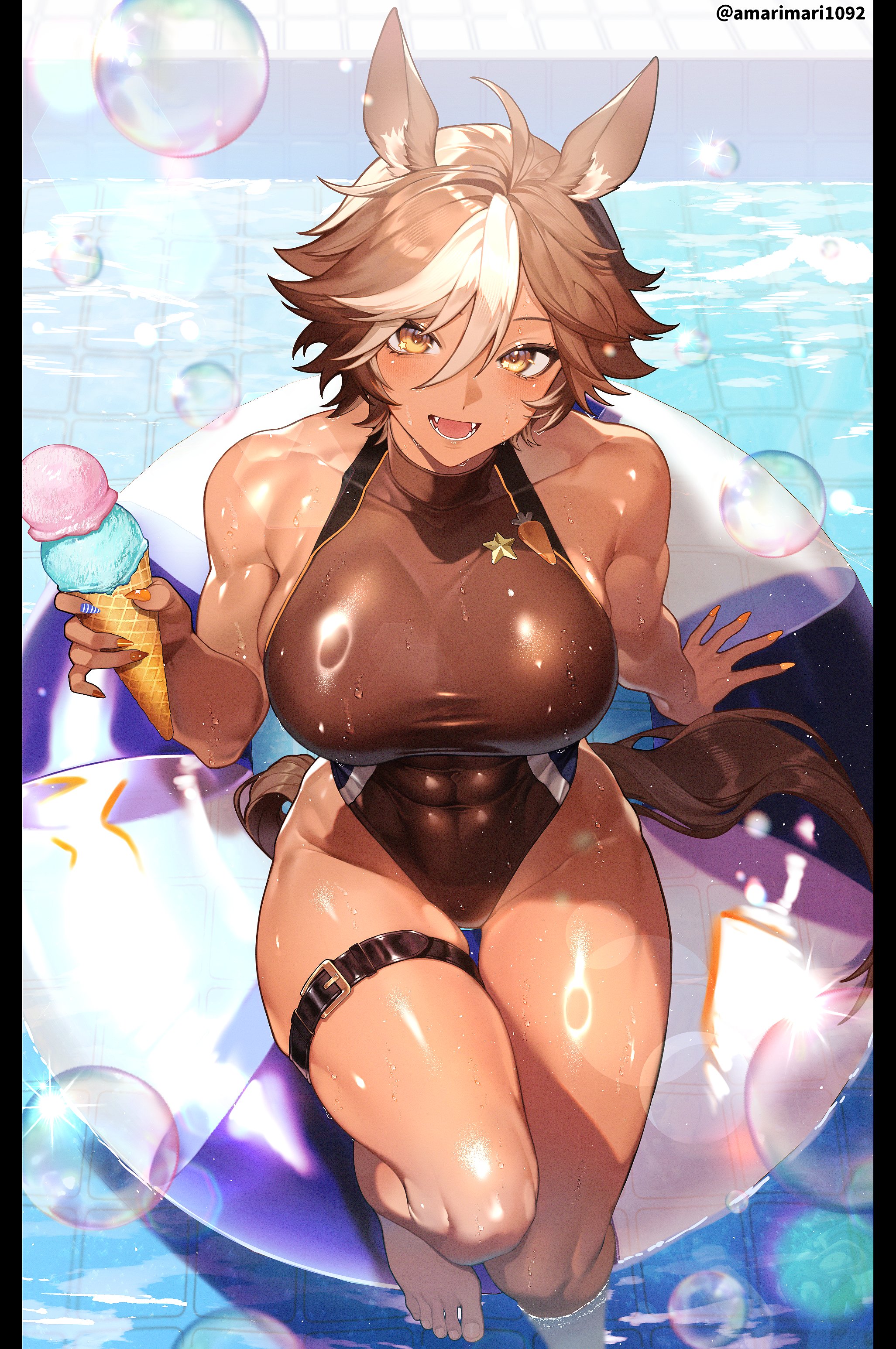1girls, abs, athletic, female, horsegirl, huge breasts, large breasts, muscular, pool, swimsuit, tagme, umari tomoe, virtual youtuber, vtuber