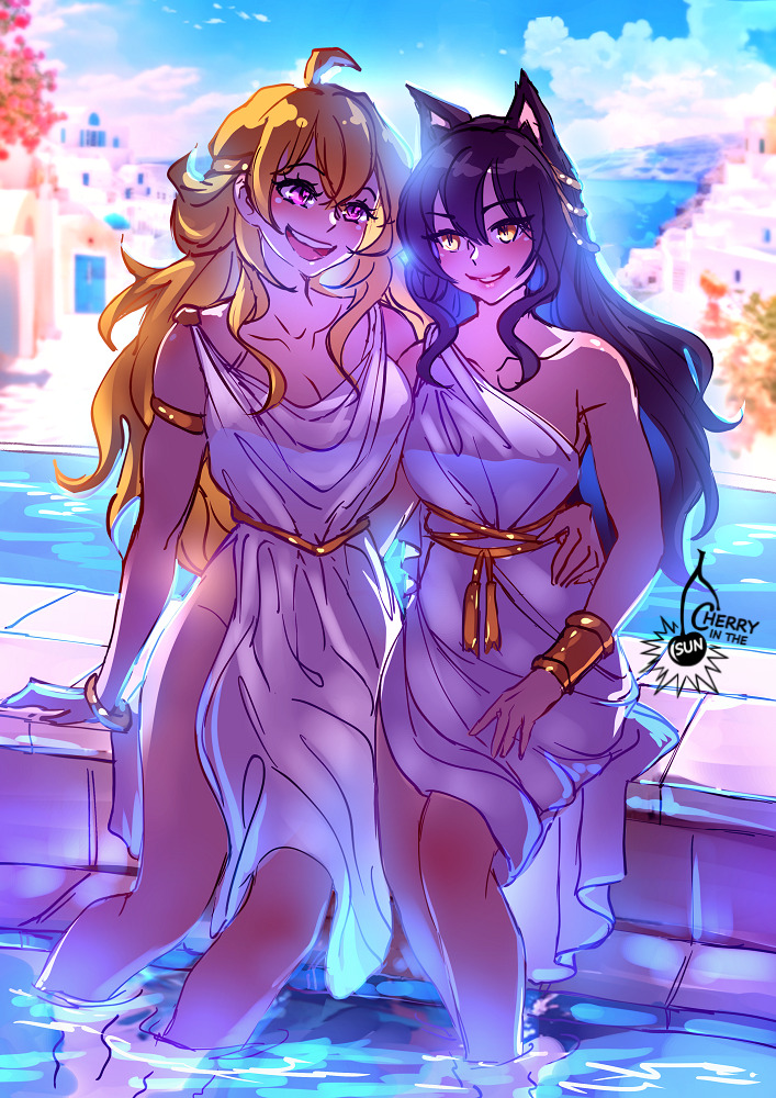 2girls, black hair, black hair female, blake belladonna, blonde female, blonde hair, canon couple, cat ears, cherryinthesun, female only, female/female, greek, greek clothes, lesbian couple, long hair, long hair female, purple eyes, robe, robes, rwby, yang xiao long, yellow eyes, yuri