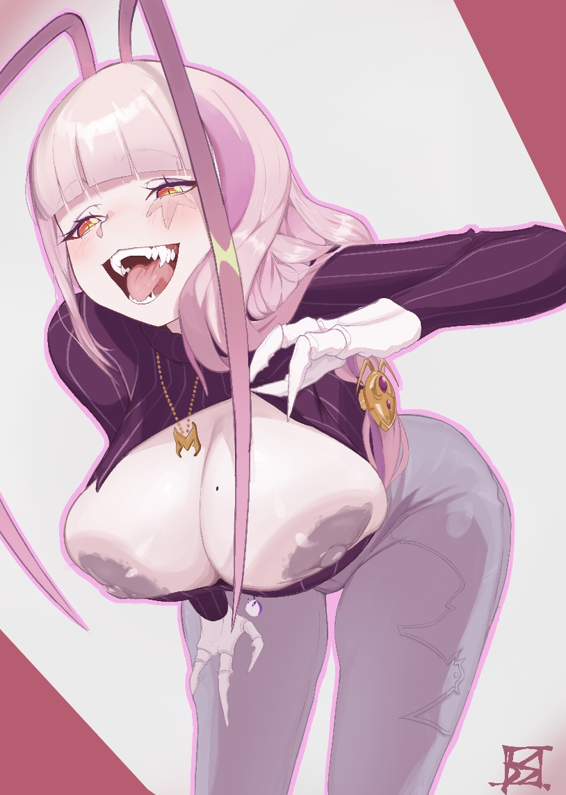 1girls, areolae, bent over, breasts, breasts out, clothed, clothing, cockroach girl, female, female only, idreamofsleep, indie virtual youtuber, insect girl, matara kan, mature female, milf, monster girl, nipples, pale skin, pale-skinned female, pink hair, solo, tongue, virtual youtuber, vtuber