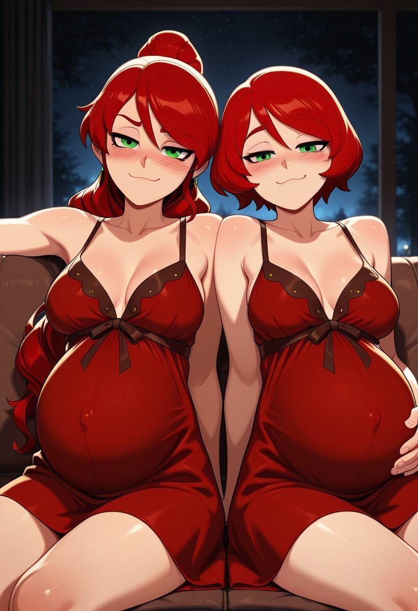 2girls, ai generated, daughter, female, female only, green eyes, high ponytail, long hair, looking at viewer, mother, mother and daughter, multiple pregnancies, negligee, oyakodon, ponytail, pregnant, pyrrha nikos, pyrrha's mom, red hair, rwby, short hair, smug, smug expression, smug eyes, smug face, smug smile, tagme