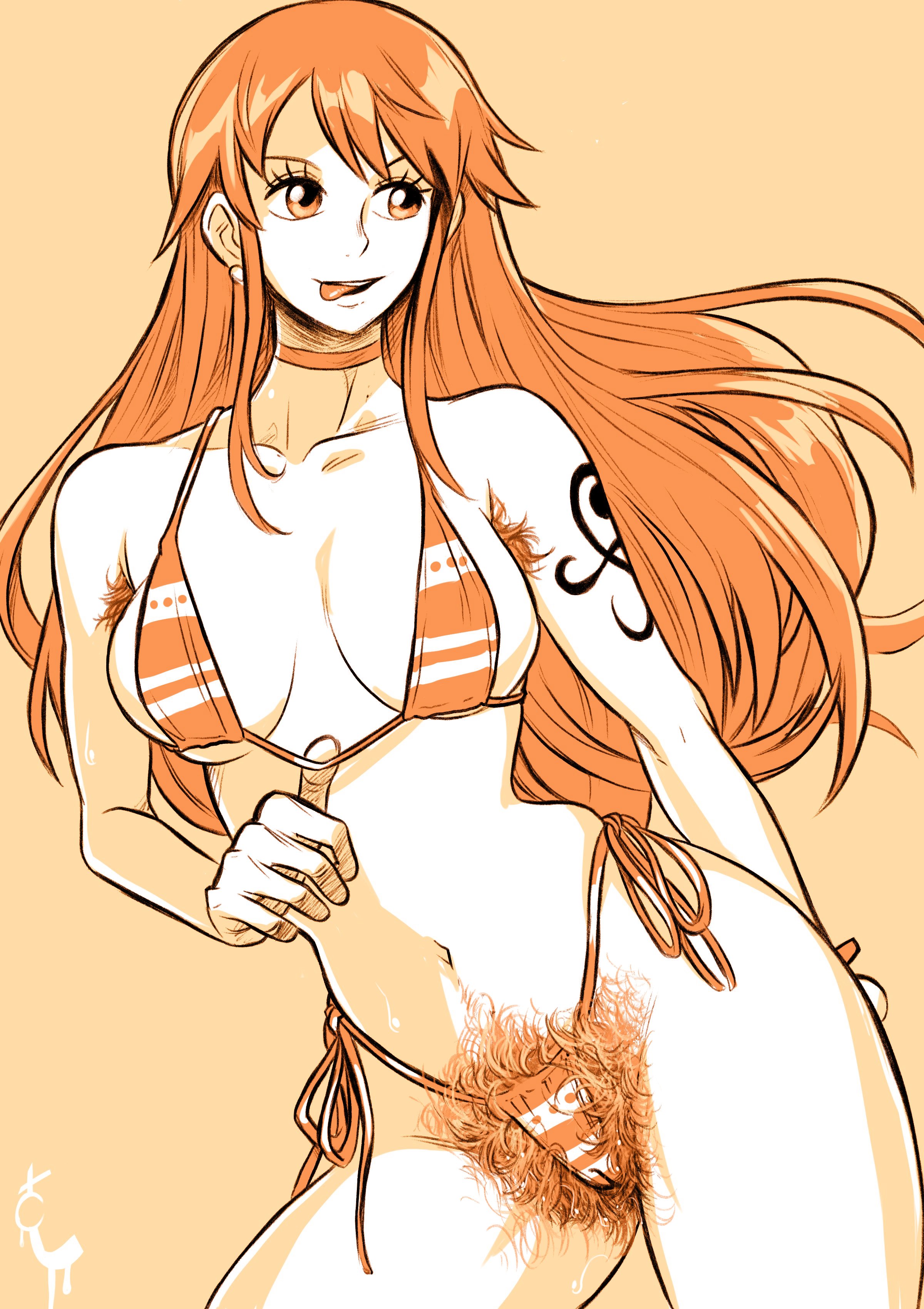 :p, 1girl, 1girls, 2026, arm tattoo, bikini, black tattoo, choker, excessive pubic hair, female, female only, hairy armpits, hairy pussy, long hair, nami (one piece), one piece, orange eyes, orange hair, orange-haired female, post-timeskip, pubic hair, pubic hair peek, pussy, side-tie bikini, smile, solo, striped bikini, tagme, tattoo, turtlechan, very high resolution, yellow background