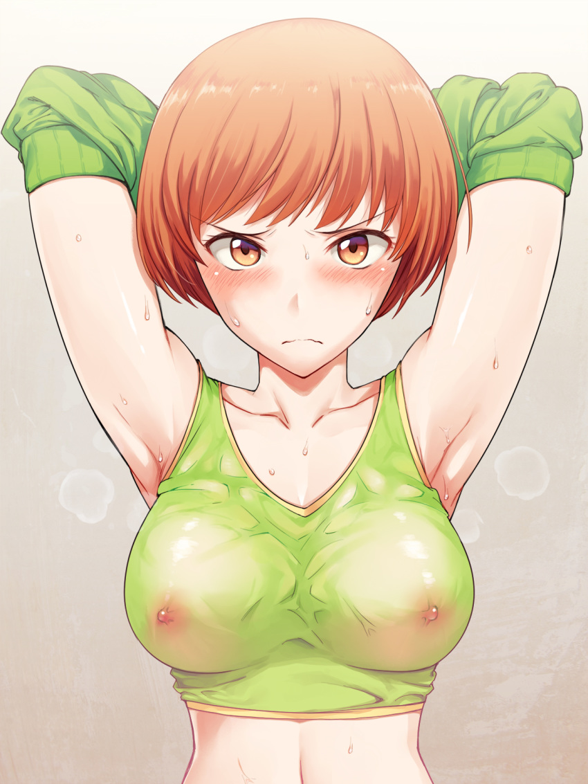 armpit fetish, armpits, arms behind head, blush, female, persona, persona 4, satonaka chie, see-through, short hair, solo, sweat, tank top
