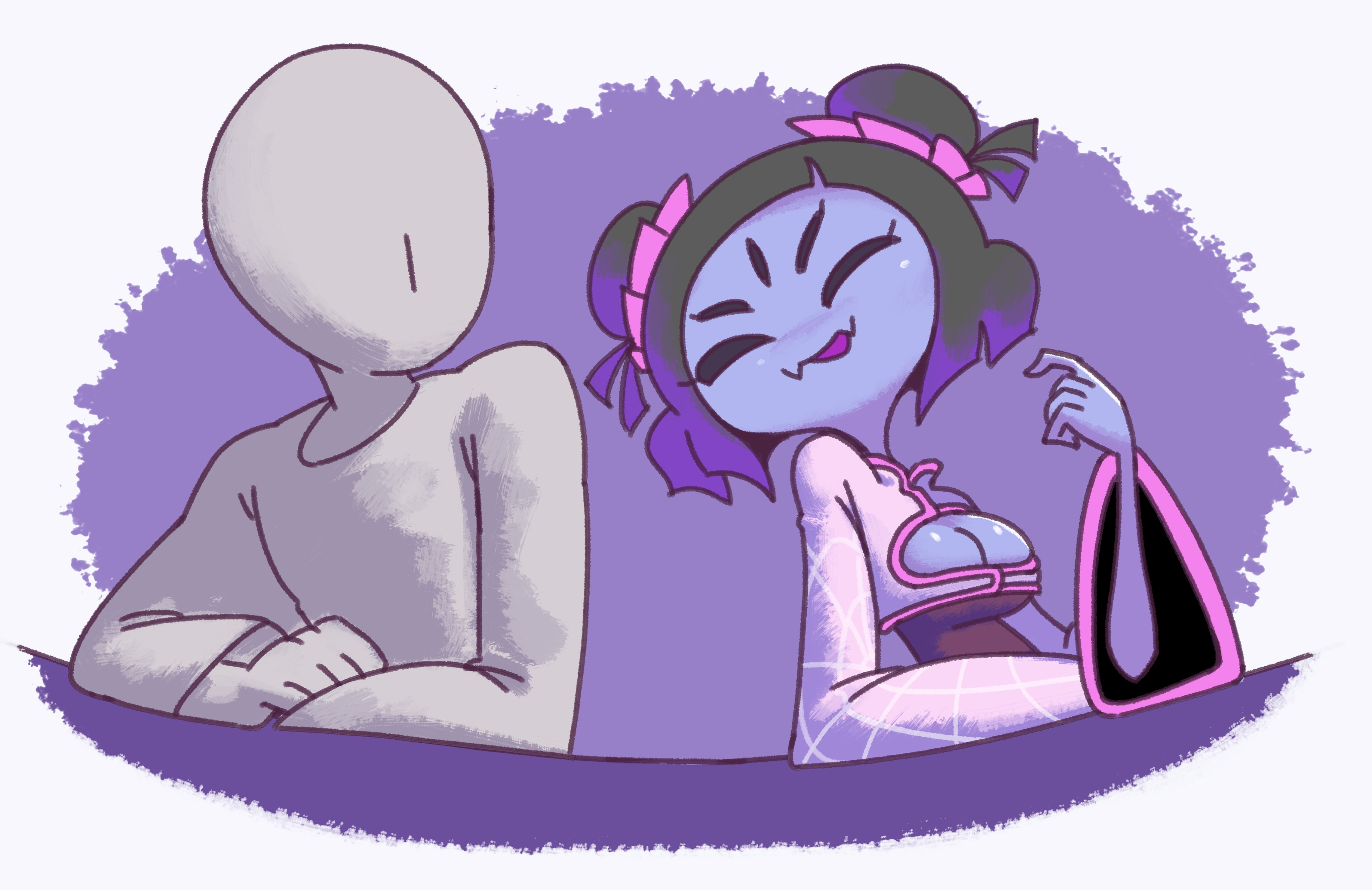 1boy, 1girls, 2d, 2d (artwork), 5 eyes, 6 arms, anthro, anthro female, arachnid, arachnid humanoid, arthropod, arthropod humanoid, bottomwear, clothed, clothed female, clothes, clothing, digital drawing (artwork), digital media (artwork), duo, faceless character, faceless male, fangs, female, female focus, female humanoid, hi res, human, humanoid, male, minus8, muffet, multi arm, multi eye, sfw, simple background, skin tight, skintight, skintight clothing, spider, spider girl, spider humanoid, tagme, tight clothing, tight fit, topwear, undertale, undertale (series), unseen male face