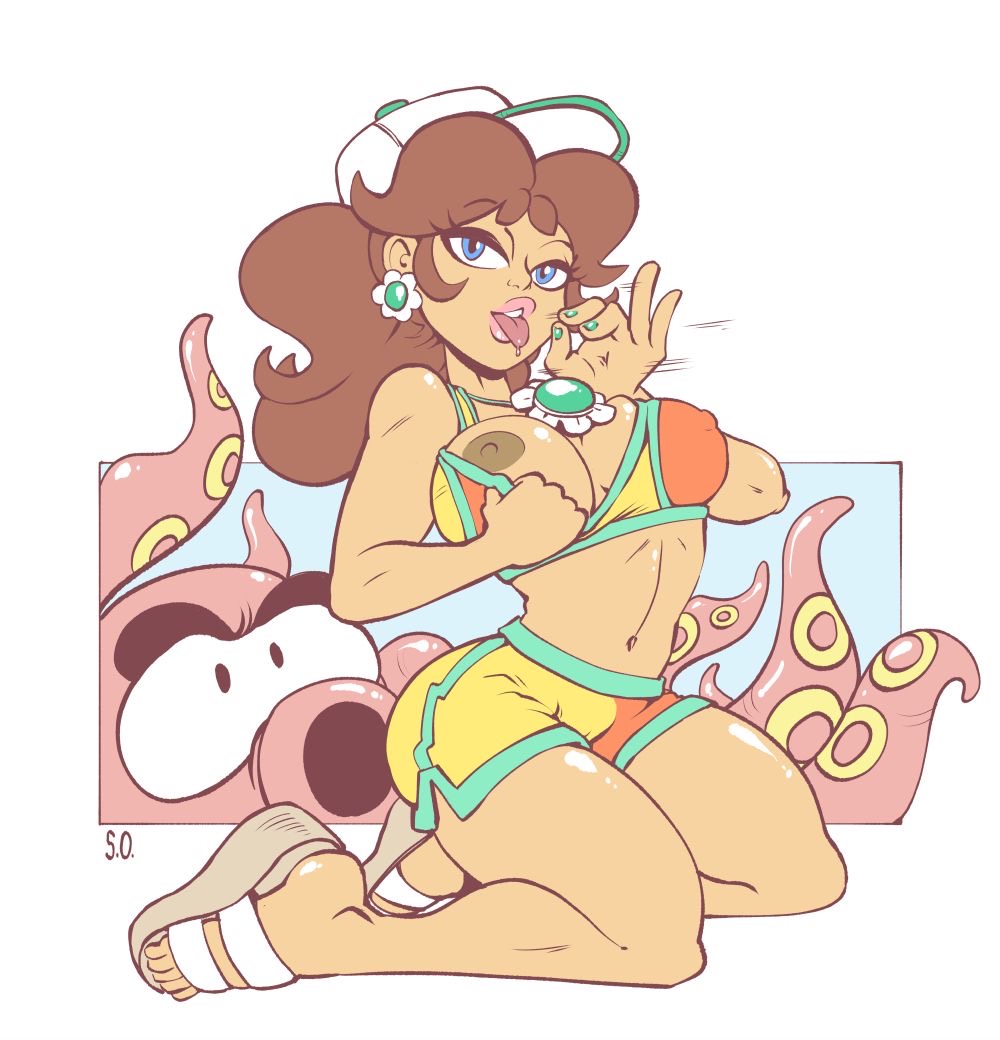 bikini, blowjob gesture, exposing self, looking at viewer, mario (series), mario kart, mario kart world, nintendo, octopus, partially clothed, princess daisy, princess daisy (swimwear), pulling clothing, seepingooze, super mario bros., swimsuit, tan body, tan skin, tentacle, tongue out