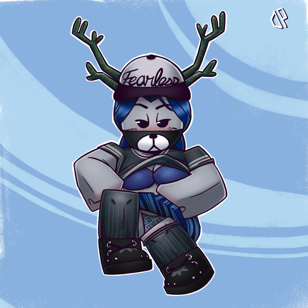 1girls antlers artist_signature baseball_cap bear_face_mask black_eyes black_footwear black_shirt black_shoes black_socks blocky_body blue_background blue_bra blue_hair blue_panties blue_pupils blue_skirt blush bra breasts cap cleavage clothed clothed_female darkpolygon face_mask female female_only footwear grey_skin hat jersey long_hair looking_at_viewer medium_breasts panties roblox roblox_avatar self_upload shirt_lift shirt_up shoes short_sleeves simple_background skirt socks solo solo_female text_on_hat text_on_headwear twintails underwear upskirt