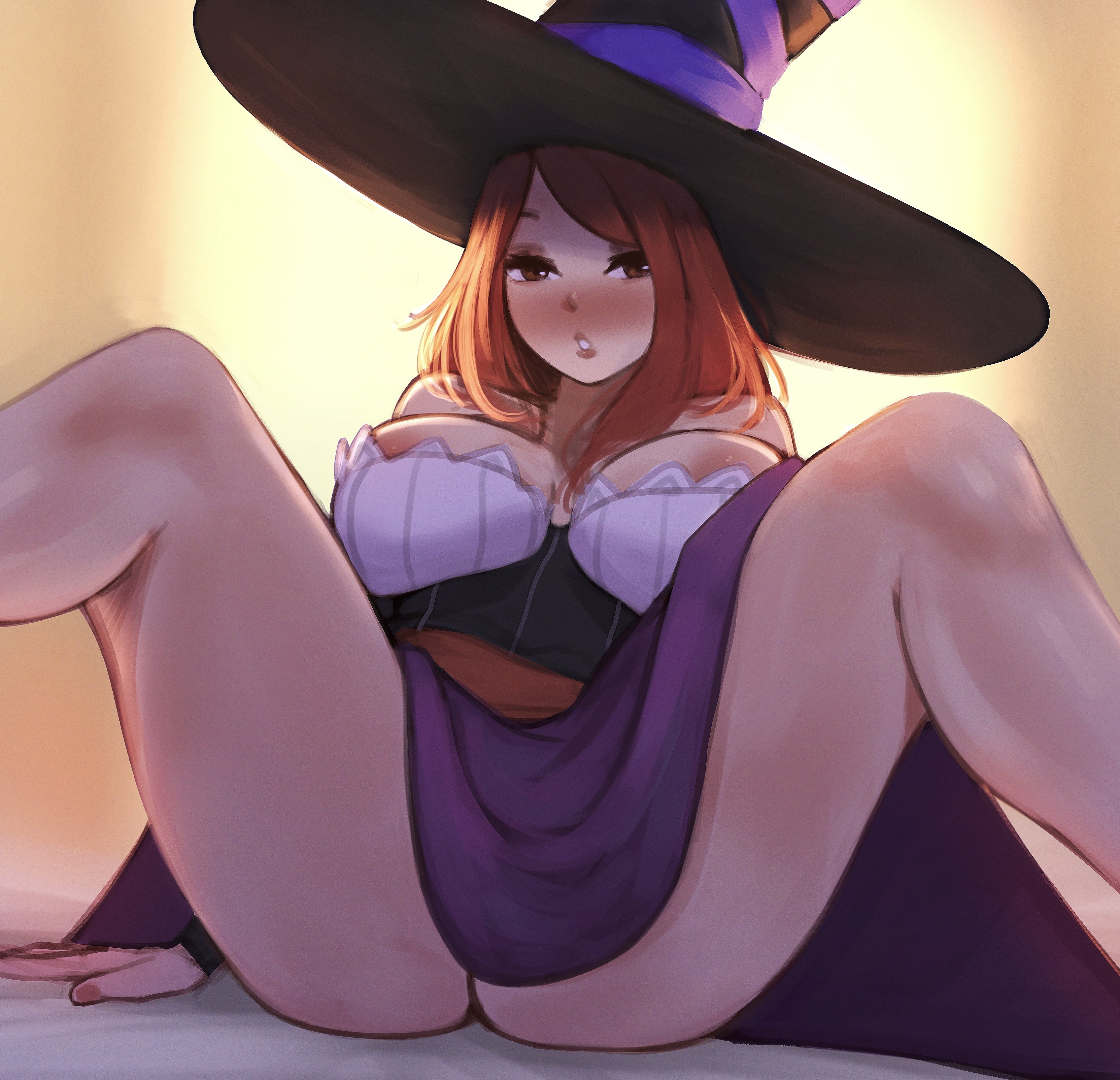 1girls, areola slip, bent legs, big breasts, blush, clothing, dragon's crown, erochi, female, female only, large hat, legs apart, long hair, looking at viewer, narrowed eyes, red eyes, red hair, sitting, solo, sorceress (dragon's crown), very high resolution, witch hat