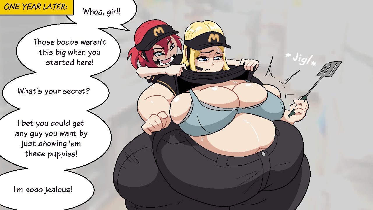 belly overhang, big belly, big breasts, blonde hair, blue eyes, dialogue, exposed bra, fast food employee, fast food uniform, fat folds, female, flabby arms, flabby legs, grey bra, lifting shirt, mcdonald's, obese, obese female, obese human, overweight, overweight female, overweight human, red hair, spatula, speech bubble, teasing another, thick thighs, tragictfs, weight gain, wide hips