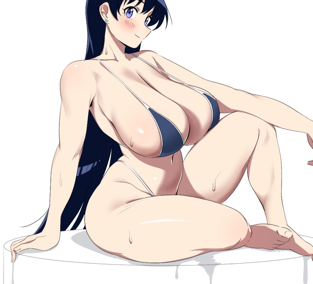 1girls, arato nagi, arm support, barefoot, bikini, blush, cleavage, closed mouth, collarbone, curvy, feet, female, female only, from side, full body, huge breasts, imiin, knees apart feet together, midriff, navel, official alternate costume, ruri no houseki, sitting, smile, solo, solo female, thick thighs, toes, wet skin, wide hips