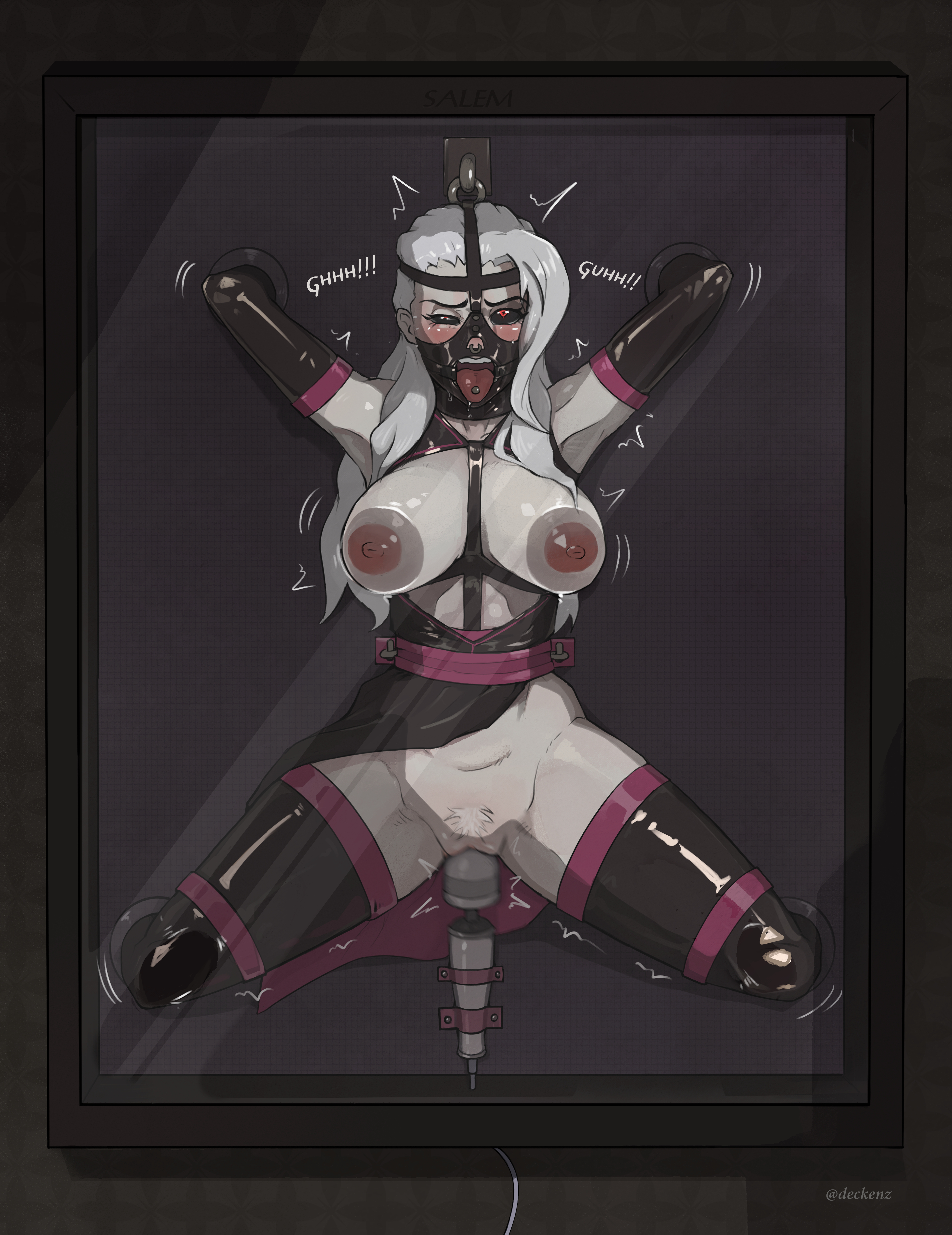 alternate costume, bdsm, bdsm harness, bondage, deckenz, defeated villainess, drool, exposed breasts, exposed pussy, forniphilia, gag, gagged, human trophy, humiliation, latex, latex clothing, muzzle gag, muzzled, nose piercing, nose ring, pubic hair, ring gag, rwby, salem (rwby), tongue out, tongue piercing, vibrator, vibrator on pussy, wand vibrator