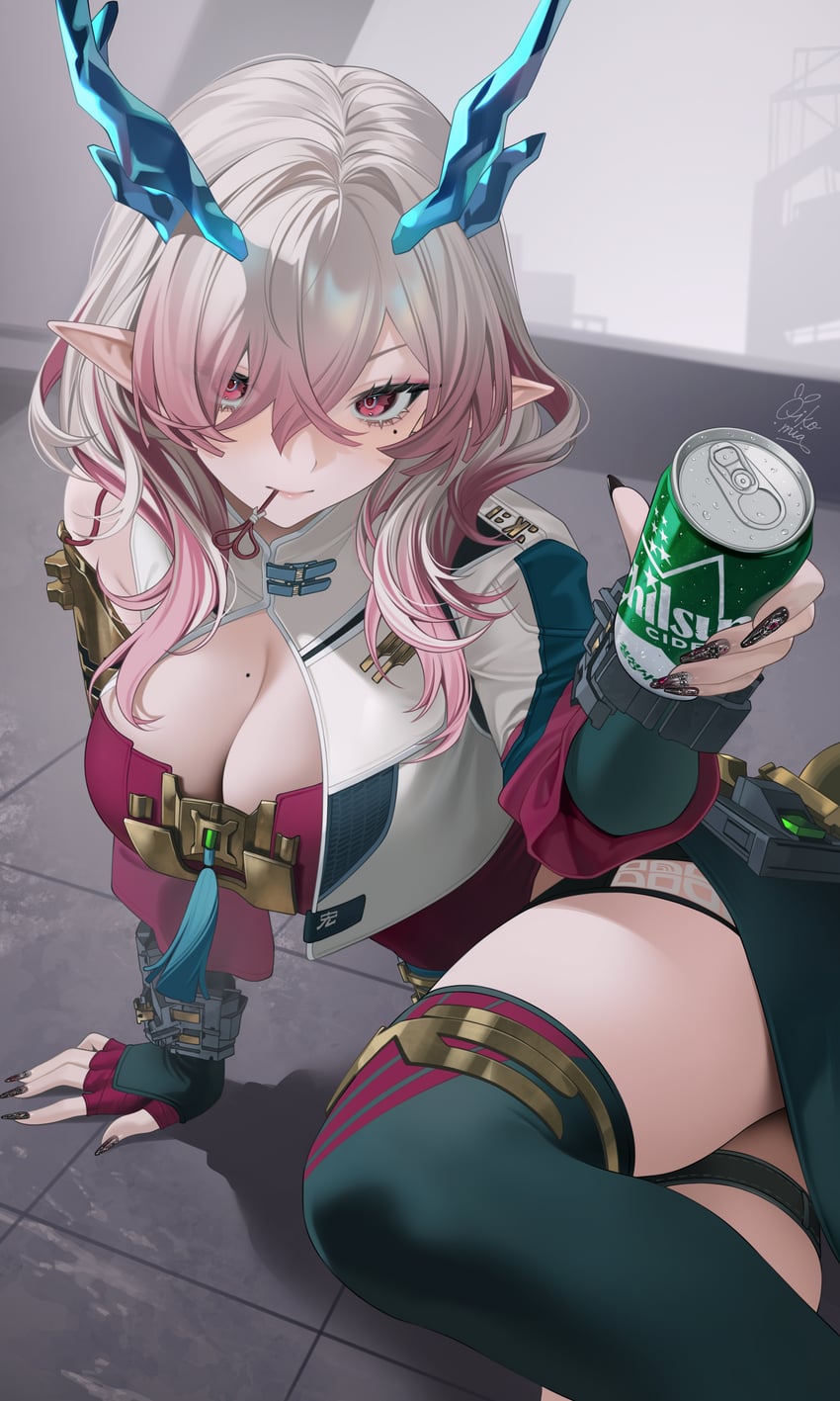 1girls, absurd res, arknights, arknights: endfield, arm support, black skirt, black thighhighs, blue horn, breasts, can, cleavage, cropped jacket, dragon girl, fingerless gloves, gloves, highres, holding, holding object, large breasts, looking at viewer, mi fu (arknights: endfield), mole, mole on breast, mole under eye, mouth hold, nails, oikomia, pointy ears, shirt, sitting, skirt, solo, thigh strap, thighhighs, white jacket