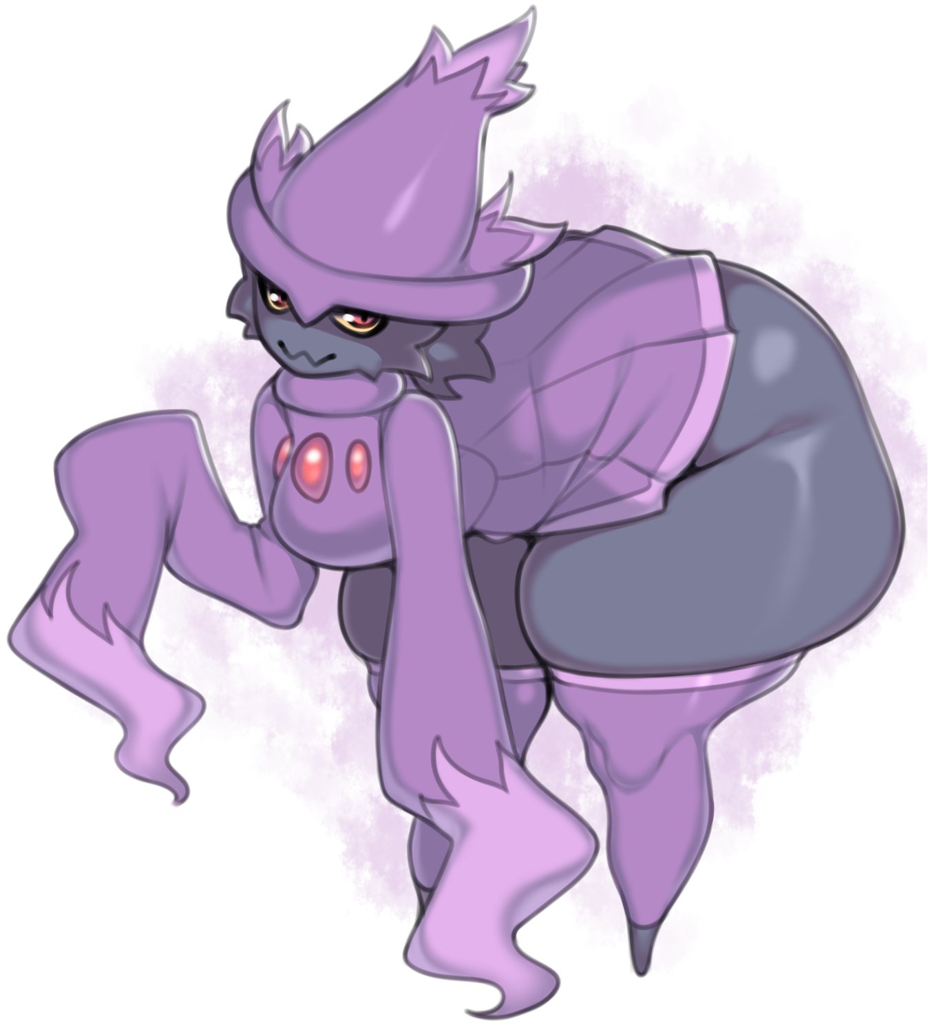 1girls, ass, big ass, fat ass, ghost, ghost girl, huge ass, mismagius, onaeane, pokemon, pokemon (species), purple body, purple skin, red eyes, simple background, skindentation, sleeves past fingers, sleeves past wrists, thighhighs, thighs, yellow sclera