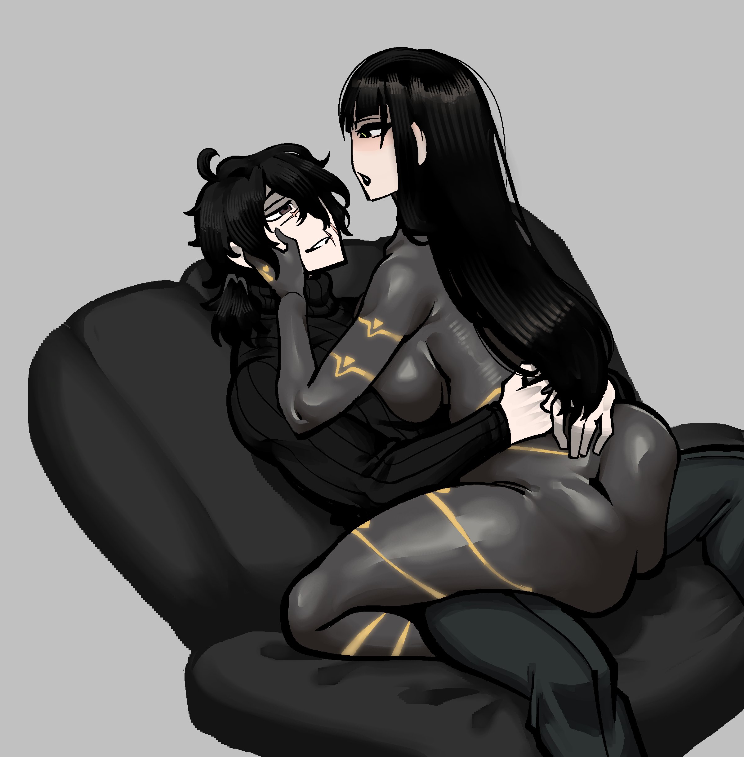 1boy, 1boy1girl, 1boys, 1girl, 1girl1boy, 1girls, 2d, 2d (artwork), ass, big ass, big boobs, big breasts, big butt, black hair, bodysuit, boobs, breasts, breasts pressed against partner, butt, cesara (limbus company), color, colored, couch, couch sitting, couple, couple (romantic), cute, eclipseecliptus, female, female/male, hair, hand on waist, hands on waist, high resolution, highres, hips, holding, latex, latex bodysuit, latex clothing, latex suit, light skin, light-skinned female, light-skinned male, limbus company, long hair, looking at another, looking at partner, love, lovey-dovey, male, male/female, original character, plump ass, plump butt, project moon, romantic, romantic couple, scar, scar on face, scars, sexy, sexy body, sexy female, simple background, sitting, sitting on couch, sitting on lap, sitting on person, skintight, skintight bodysuit, straddling, straight, straight hair, sweater, thicc, thick, thick hips, thick thighs, thighs, tight clothes, tight clothing, tight fit