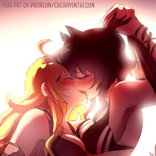 2girls, black hair, black hair female, blake belladonna, blonde female, blonde hair, canon couple, cherryinthesun, cleavage, female only, female/female, half naked, half naked female, half-dressed, kissing, lesbian couple, lesbian kiss, long hair, long hair female, rwby, yang xiao long, yuri
