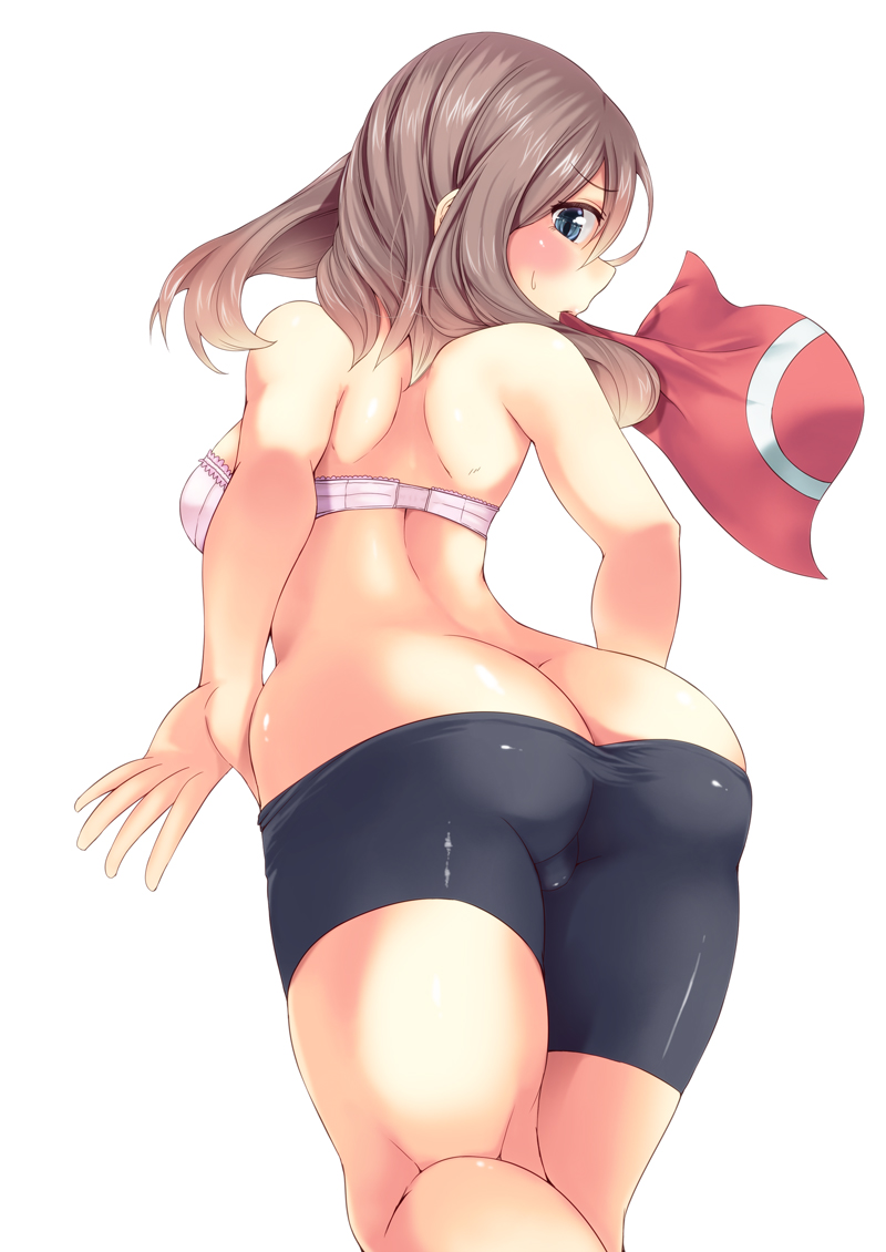 ass, bandana, big ass, bike shorts, blue eyes, blush, bra, breasts, brown hair, female, female only, hair, human, human only, looking back, may (pokemon), medium breasts, pokemon, short hair, snowcanvas, solo, sweat, underwear, white background
