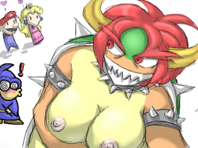 2girls 4:3 areola armlet artist_request beige_skin bowser breasts cleavage clothes collar color dress erect_nipples fangs female female_bowser glasses green_shell hair heart horns human interspecies kamek koopa male mario mario_(series) multiple_females multiple_males nintendo nipples open_eyes overalls princess_peach red_eyes red_hair rule_63 sharp_teeth shell short_hair spiked_armlet spiked_shell spiky_shell straight_hair uncensored white_background