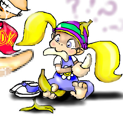 1boy 1girls ???? banana blonde_hair blue_eyes censored donkey_kong donkey_kong_(series) food fruit nintendo penis simple_background tiny_kong twintails white_background